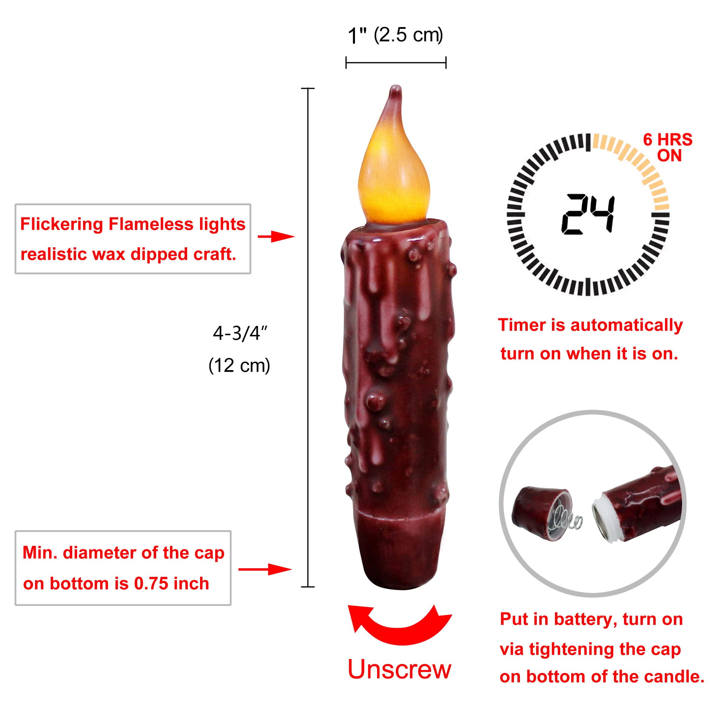 CVHOMEDECO. Velas cónicas LED de cera real sumergidas a mano, funciona con pilas, luces cónicas sin llama, decoración primitiva, 4-3/4 pulgadas, borgoña, 3 unidades en un paquete