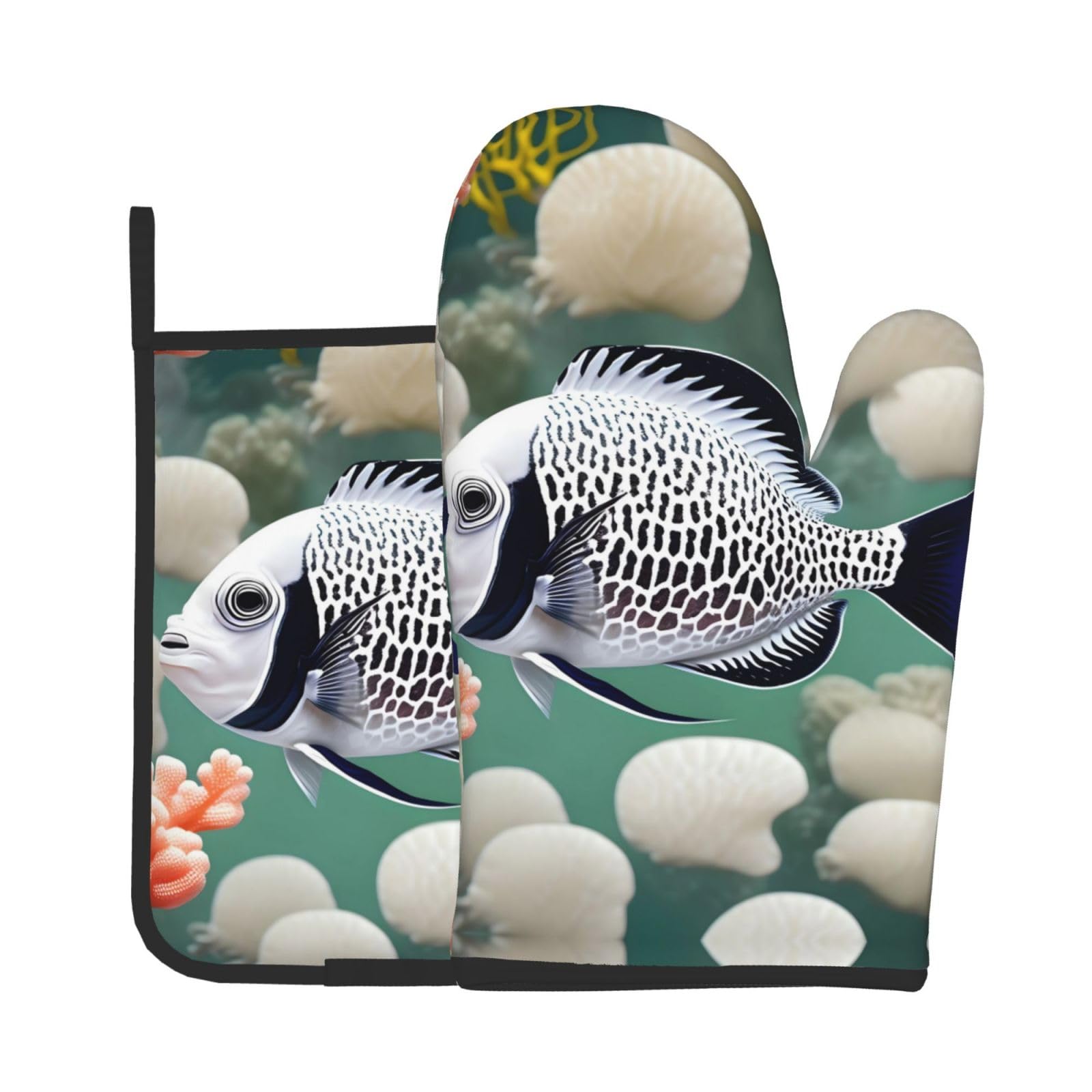 Oven Mitts and Potholders Set of 2 for Kitchen Baking Cooking GrayWhite Tropical Fish Thick and Durable
