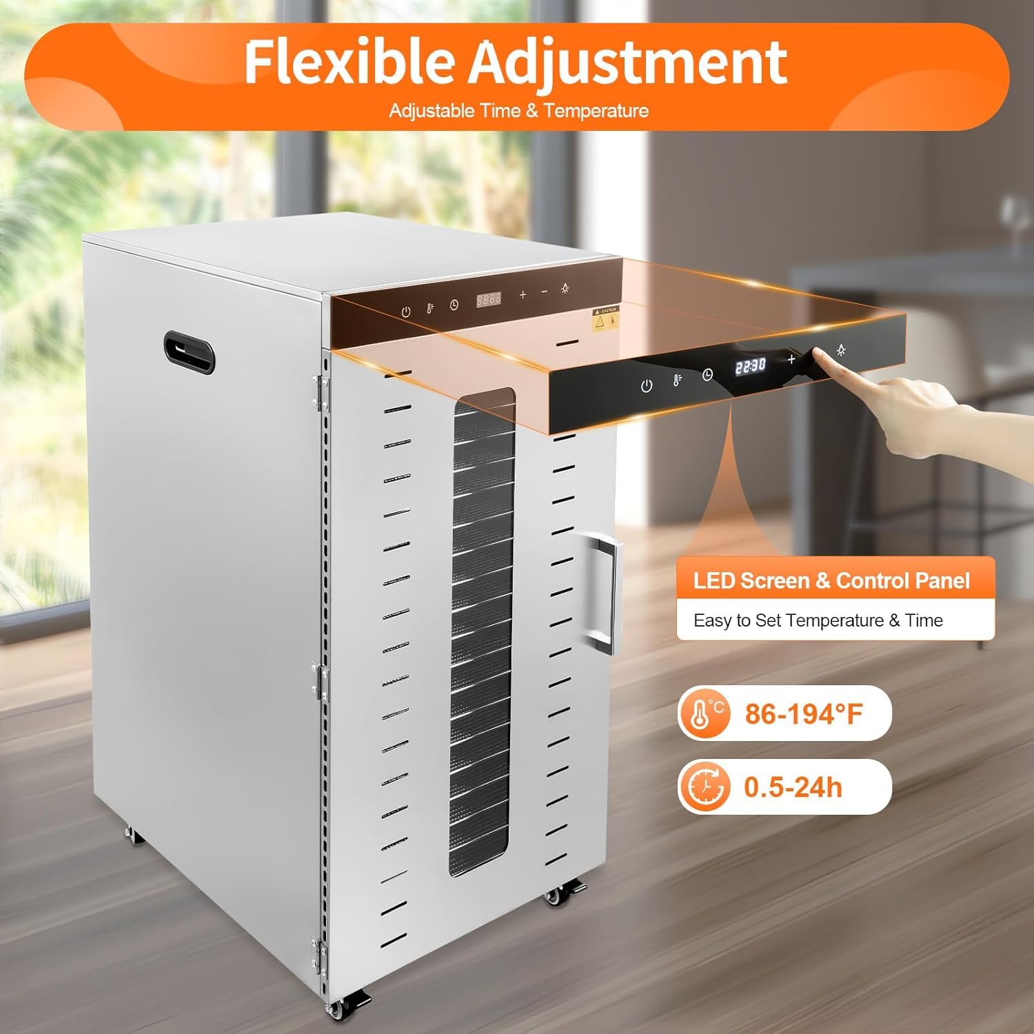 Deshidratador De Alimentos Comercial De 20 Capas Y 1700 W, De Acero Inoxidable, con Pantalla Led Y Ruedas Secar Frutas, Verduras, Carnes Y Especias.