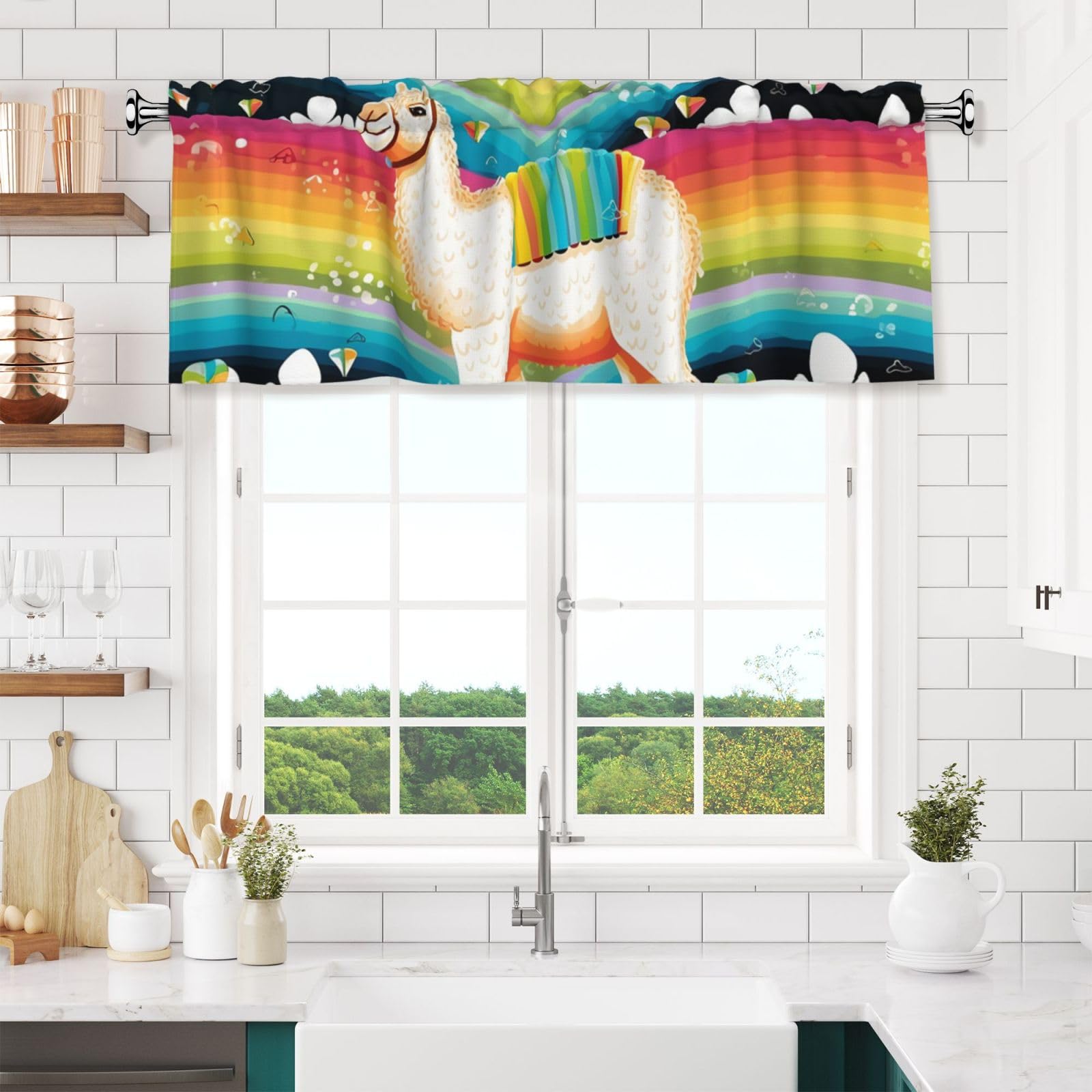 NONHAI Camel and Rainbow Valances for Windows Short Curtains Rod Pocket Cafe Window Treatments Valance Curtains for Kitchen Bathroom Laundry Basement Windows 54x18inch Blackout Window Valance