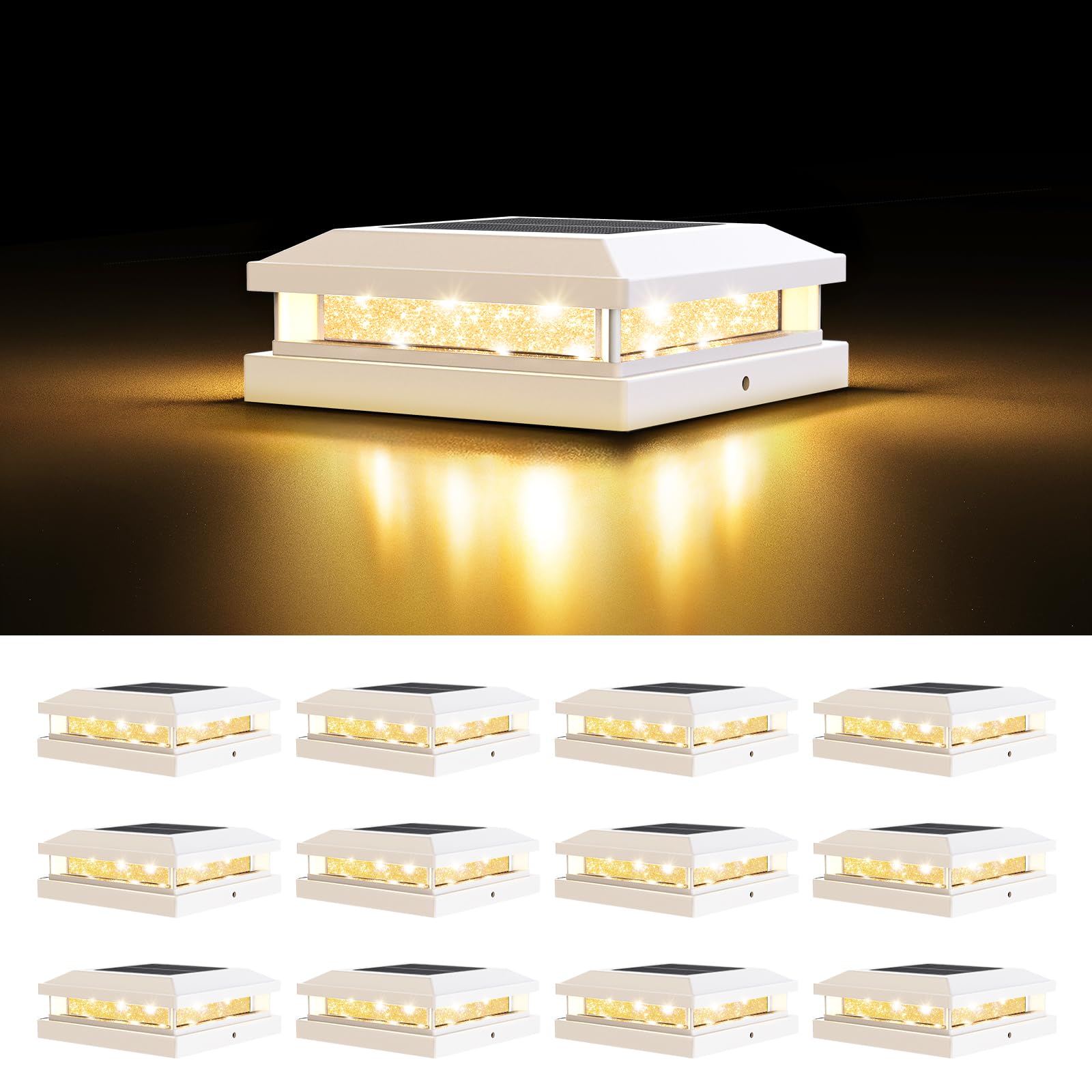 12-Pack Solar Post Cap Lights Outdoor, Waterproof Solar Powered Fence Post Lights for 4x4 4.5x4.5 5x5 Vinyl/Wooden, White Outside 16LEDs Warm/Cool Lighting Deck Light for Garden, Patio, Porch