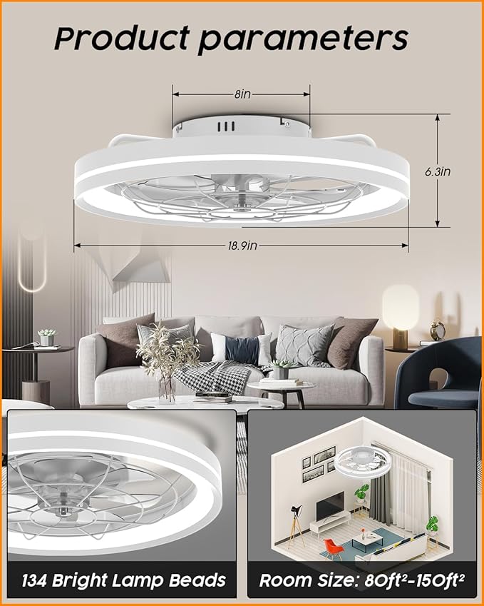 Airwit Plafondventilator, 48 cm, stil, met licht en afstandsbediening, moderne ronde plafondventilator met geïntegreerde lamp, dimbaar, plafondventilator, slaapkamer, met omkeerbare DC-motor photo 2