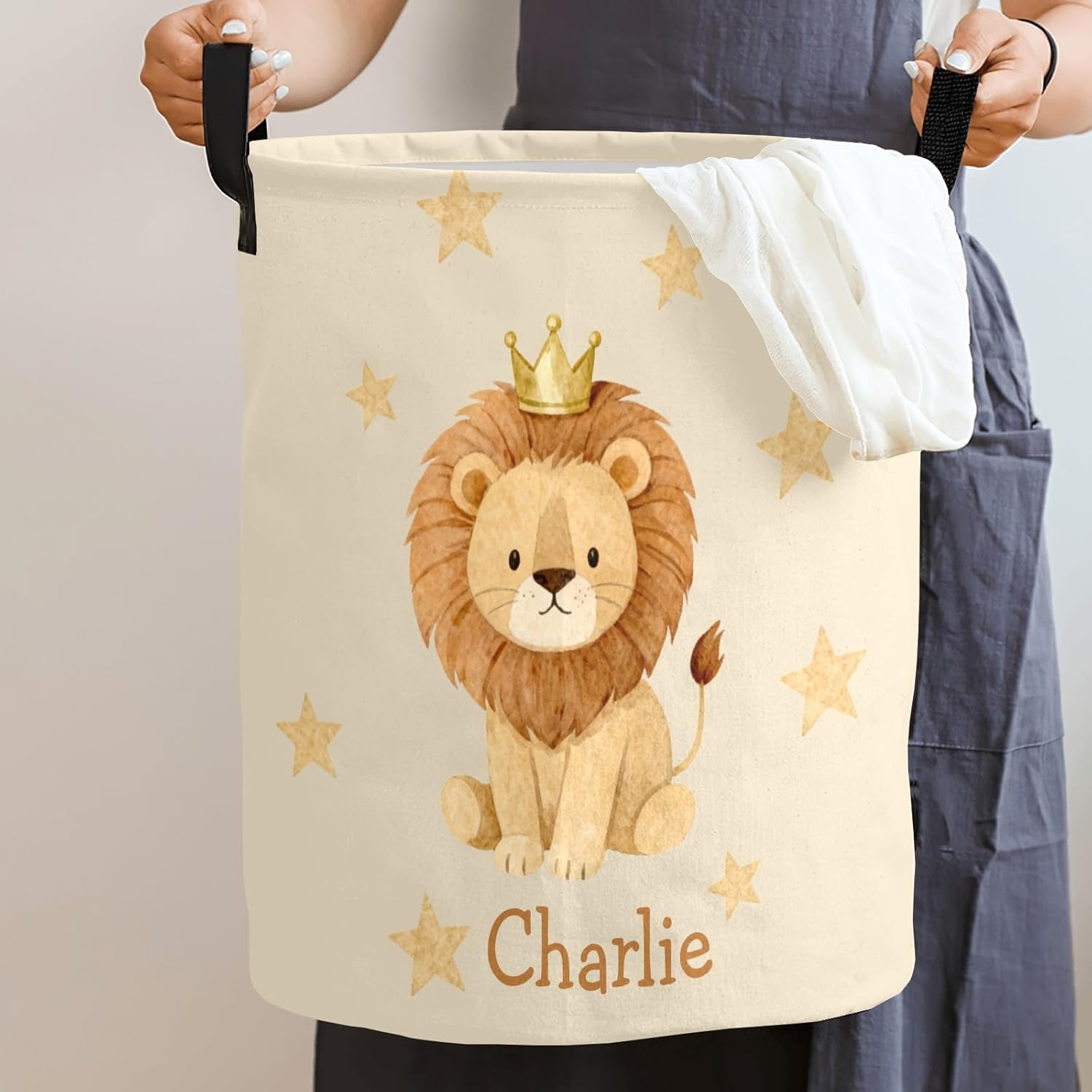 Jungle Crown Lion Personalized Laundry Basket Custom Name Collapsible Waterproof Laundry Hamper Clothes with Handle for Bedroom Bathroom Nursery Decor