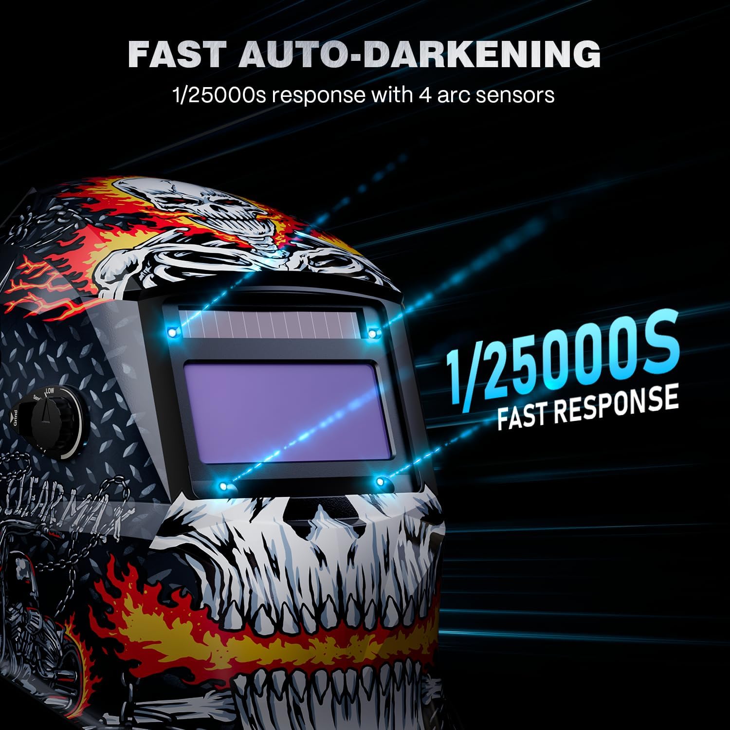ARCCAPTAIN Welding Helmet Auto Darkening, 1/1/1/1 True Color Welding Hood, 4 Arc Sensor 1/25000s Response Time Solar Powered Weld Hood Helmet HSH-S800 Skeleton Knight
