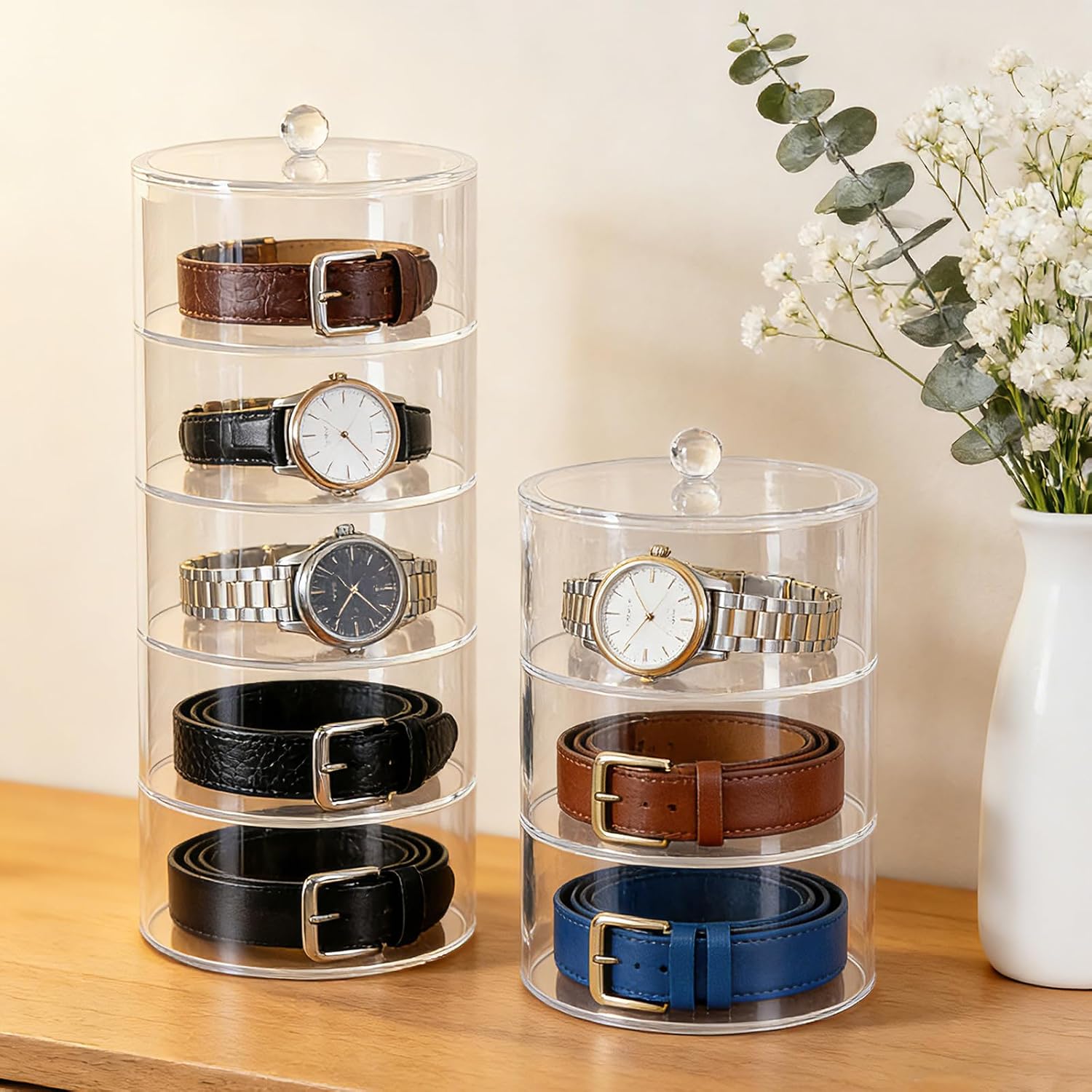 2 Packs 5 Layers Acrylic Belt Organizer Stackable Storage Box Clear Display | Case for Belts, Jewelry, Watches, Hair Accessories, Vanity and Closet, 2.6 Inch Height by 5.5 Inch Diameter