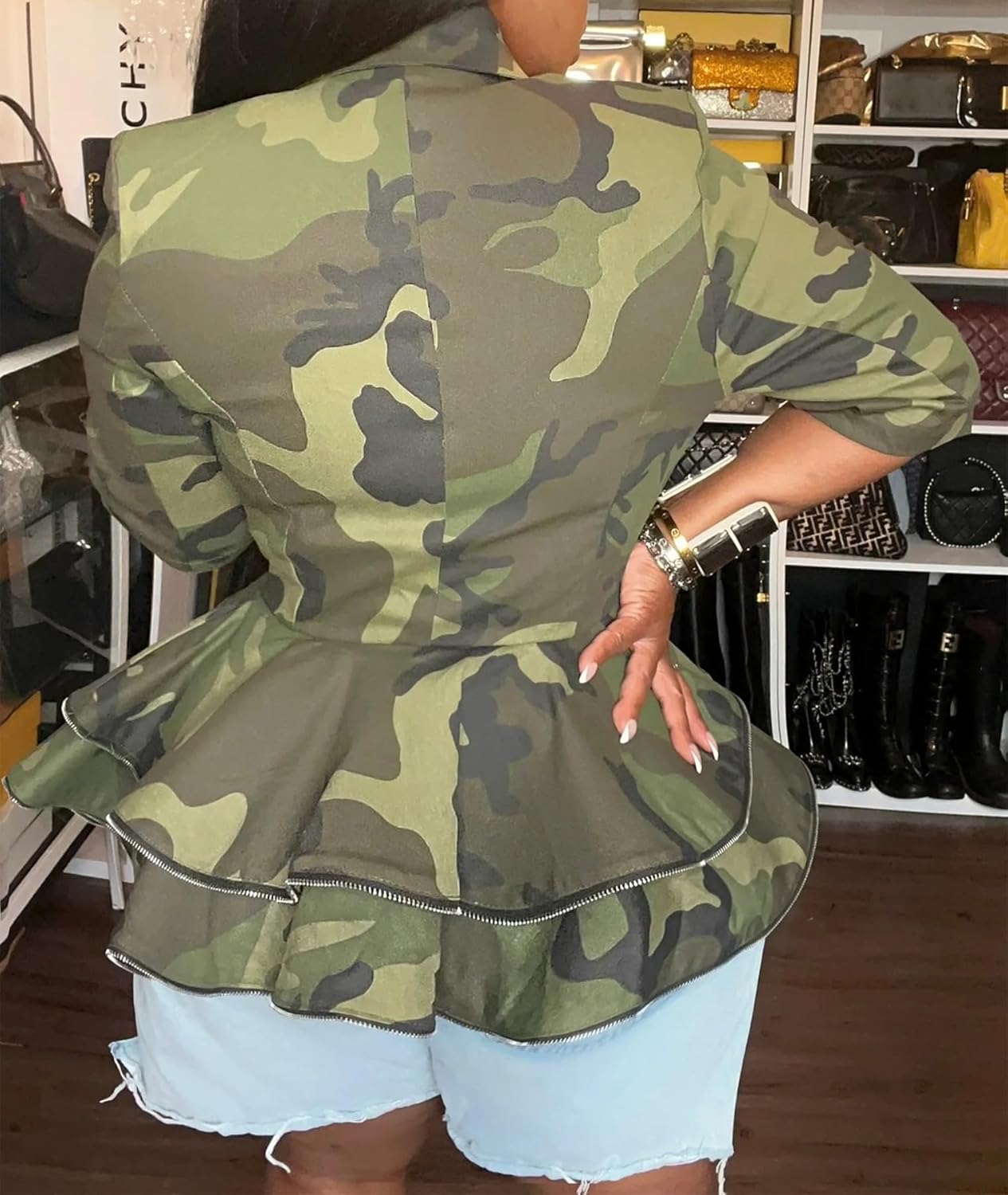 Inroserm Women's Camo Jackets Casual Cropped Long Sleeve Camouflage Army Fatigue Double Breasted Peplum Blazer Jacket - Image 4