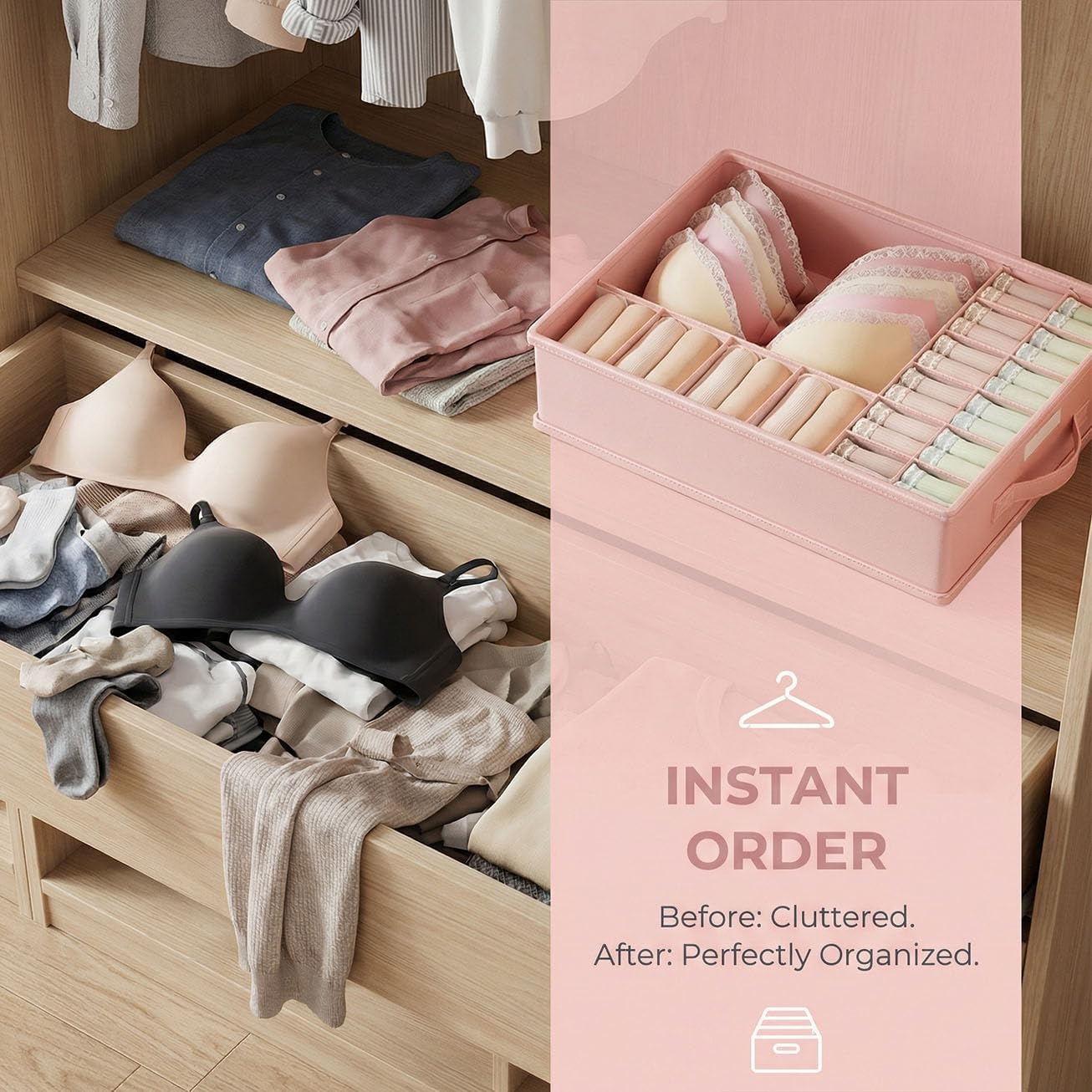 2 Pack Drawer Organizers Clothes, 17 Cell Underwear Organizer with Lid for Closet Organizers and Storage Boxes, Foldable Wardrobe Clothes Storage Bins for Underwear, Socks, Bras, Ties, Lingerie