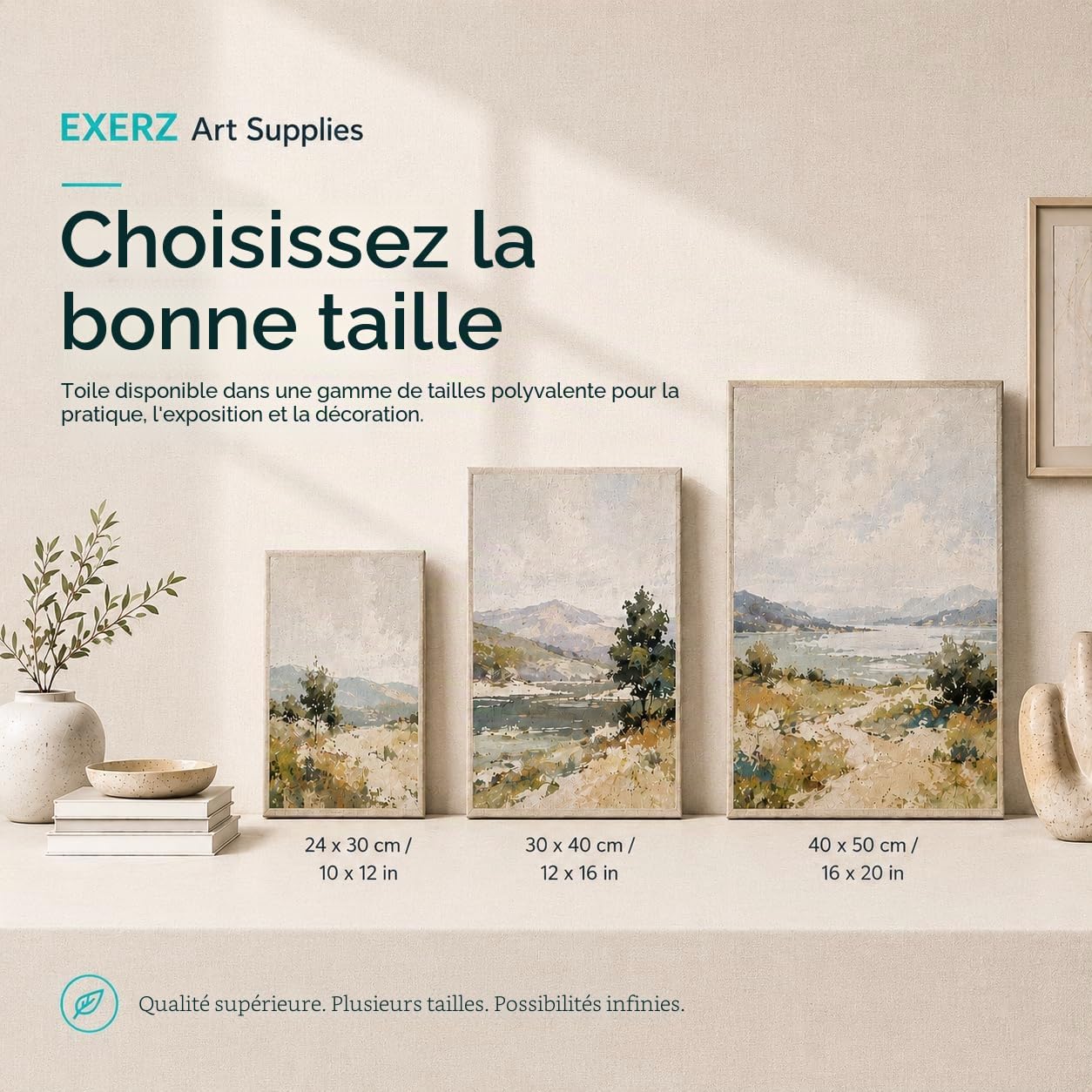 EXERZ 40x50cm Toiles Pré-étirées de Lin 4pcs - 320gsm, Triple apprêt, Sans Acide, Grain Moyen, Pur Lin Écru - Huile et Acrylique