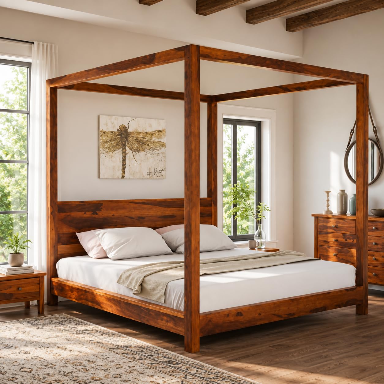 TG Furniture Solid Sheesham Wood Grand Poster Queen Size Bed for Bedroom | Wooden Poster Bed for Home & Hotel | Palang Double Bed Cot Without Storage | 78 x 60 Inch | Honey Finish-image-48