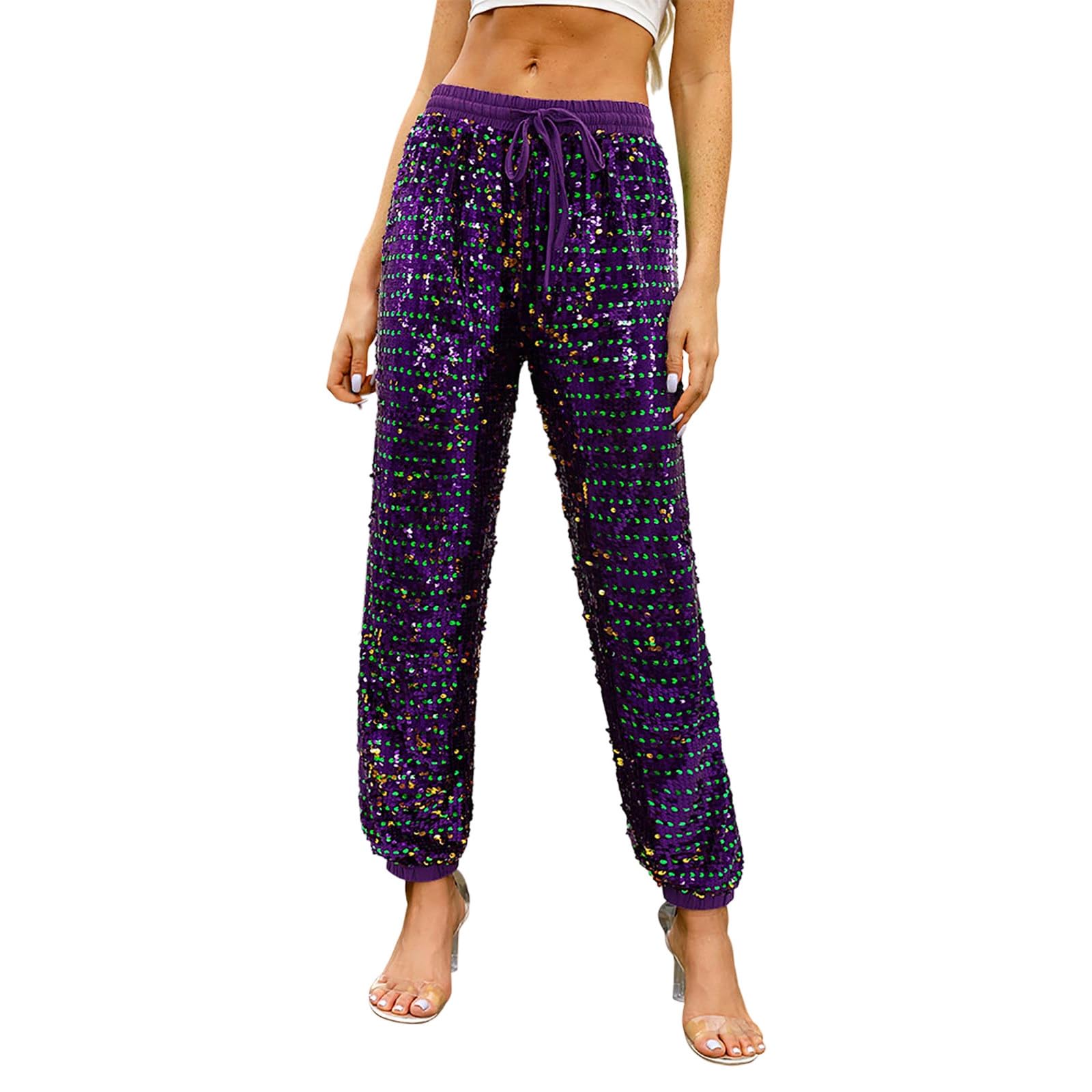 Pantaloni Donna Eleganti Paillettes Pantalone Brillanti Culotte Larghi Casual Elegante Completo Scintillii Zampa Elasticizzati Gamba Brillantini Pantaloncini