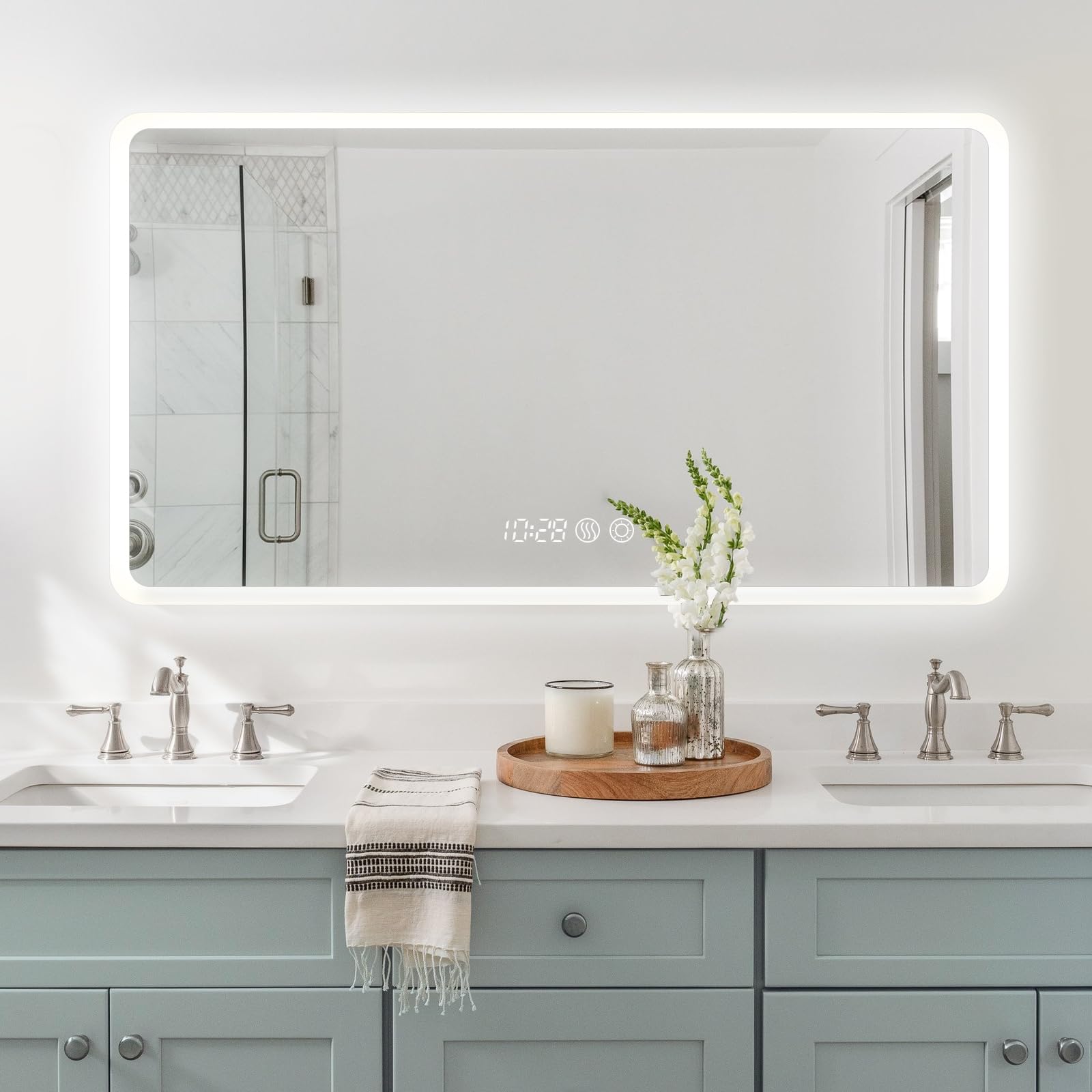 Xmifer Espejo LED de Baño con Temperatura y Reloj, Espejo de Tocador de 80 * 60cm con Luz, Espejo de Pared Regulable con 3 Colores, Espejo LED Inteligente de Bajo Consumo con Antivaho【Largo:80cm】