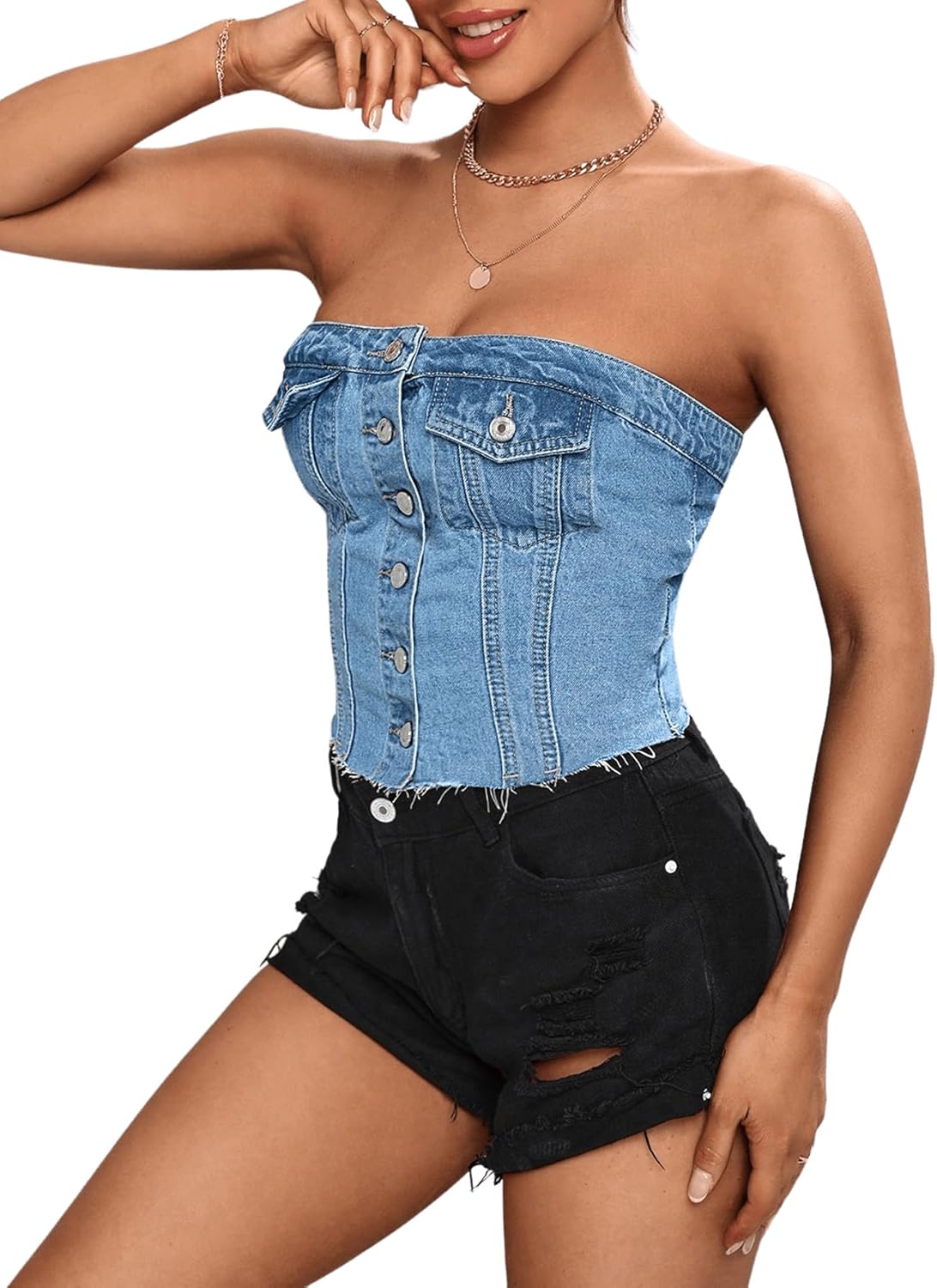 SweatyRocks Women's Button Up Strapless Denim Crop Top Y2k Jean Tube Tops - Image 3