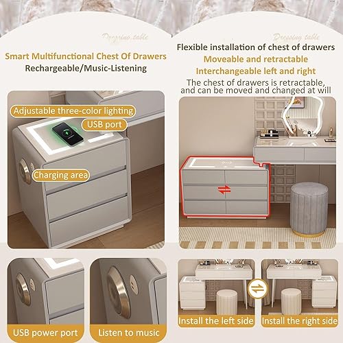 Miniatura 5 de Tocador con espejo con luces, mesa de tocador con cajones, mesa de maquillaje blanca, 3 modos de iluminación de brillo ajustable, para dormitorio,