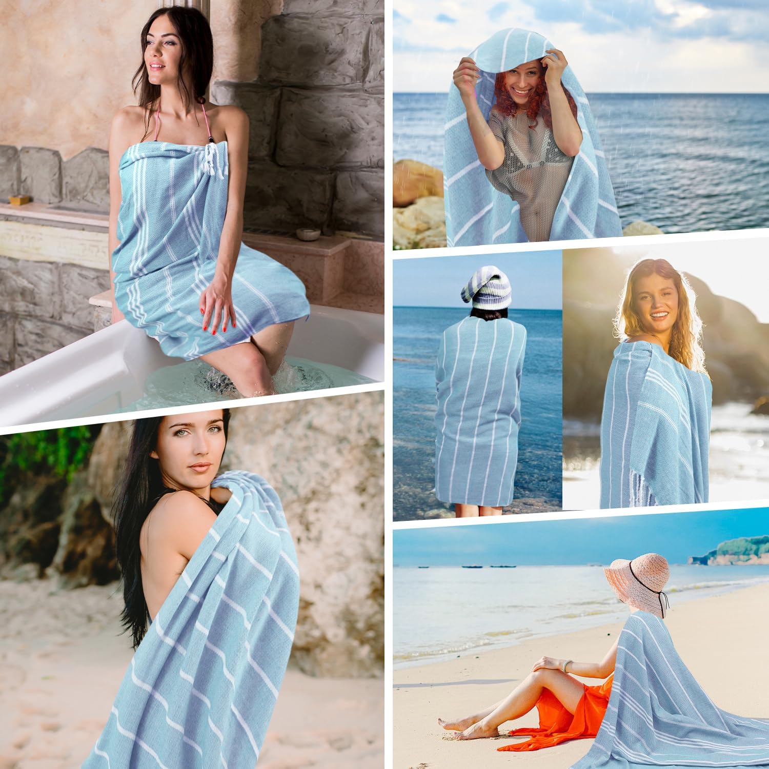 12 Pack Turkish Beach Towel Oversized Beach Towels 36"x71"Turkish Towel Soft Sand Free Quick Dry Lightweight Beach Towel Bath Towels Blue