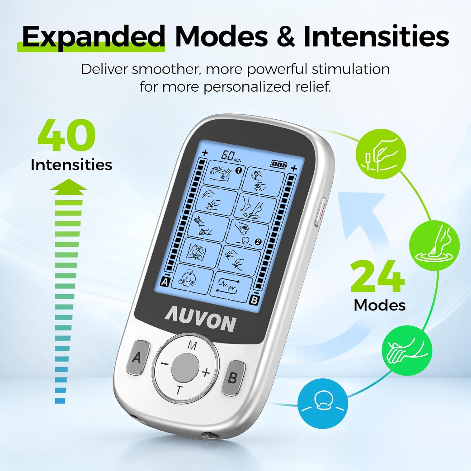 AUVON Rechargeable 24-Mode TENS Unit with Independent Dual Channels for Back Pain Relief, EMS Muscle Stimulator with 40 Intensities for Gradual Neck, Sciatica Relief, TENS Machine with 12 TENS Pads