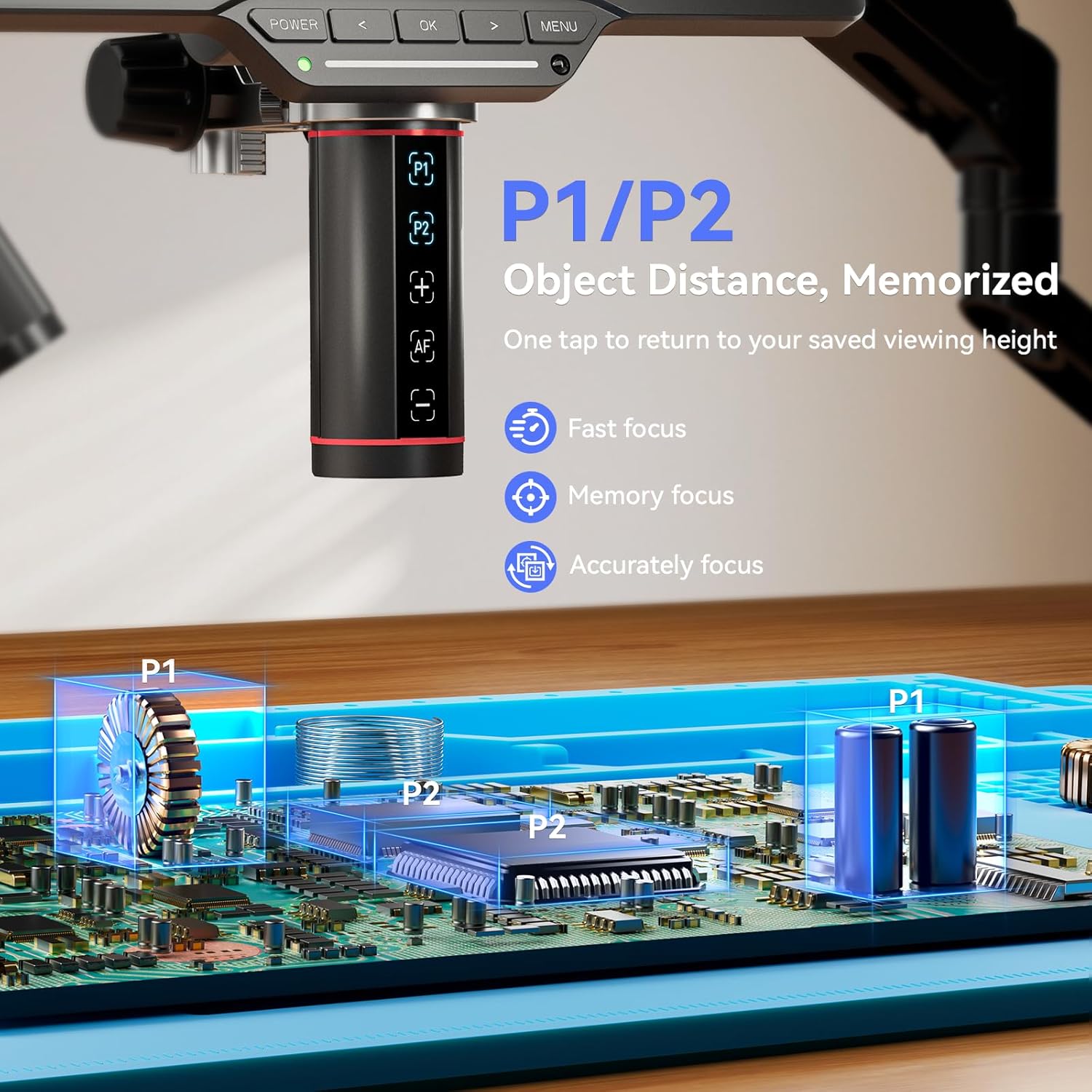 TOMLOV TM3K-AF Max Digital Microscope showing P1/P2 preset buttons