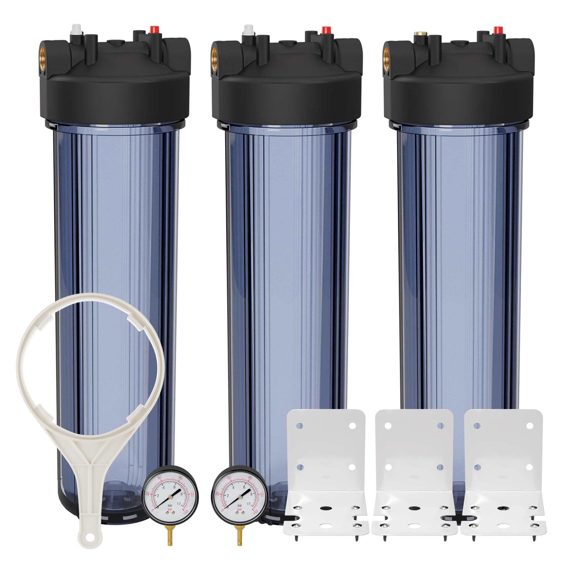 Max Water Whole House 20" x4.5" Purple Clear WH Water Filter Housing 1 inch Inlet/Outlet Ports with Pressure Gauge Wrench and Bracket (3 Housing + 2 Pressure Gauge)