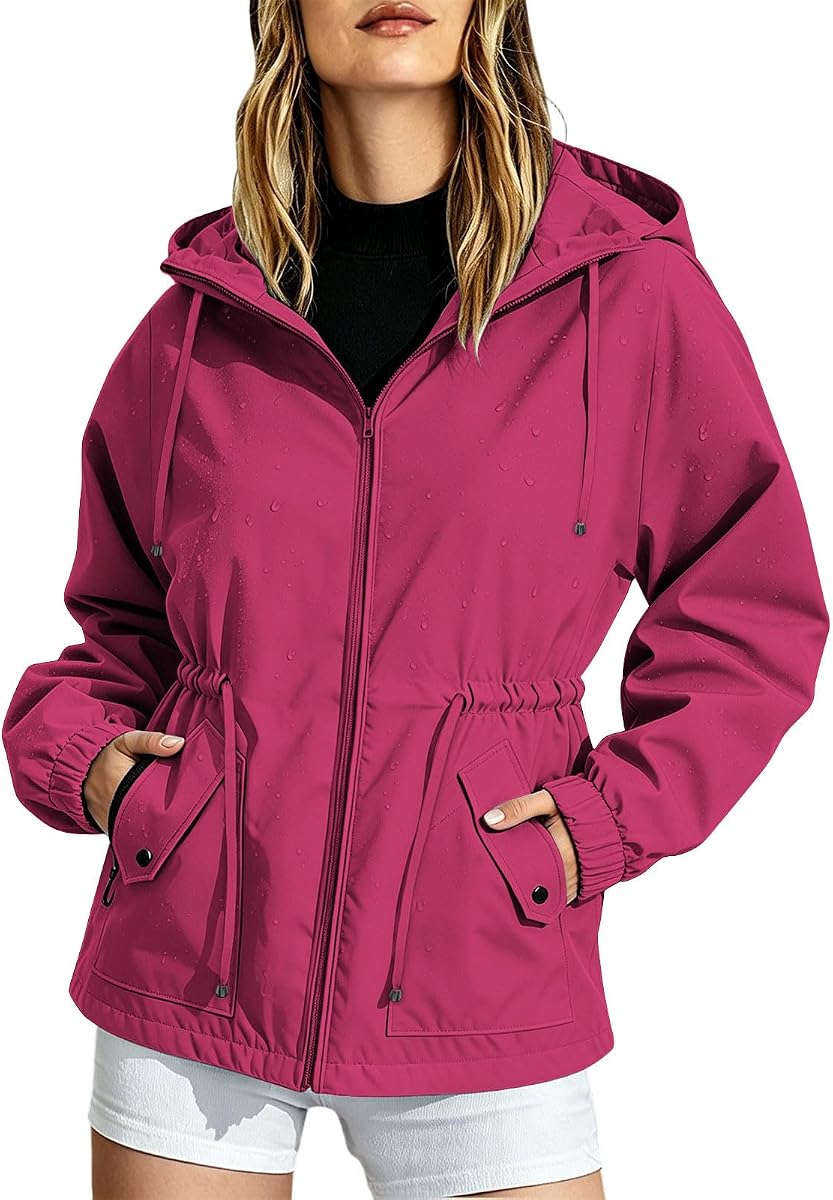 Womens Rain Jacket Cinched Waist Zip Up Lightweight Rain Coats with Hood Waterproof Windbreaker Raincoat