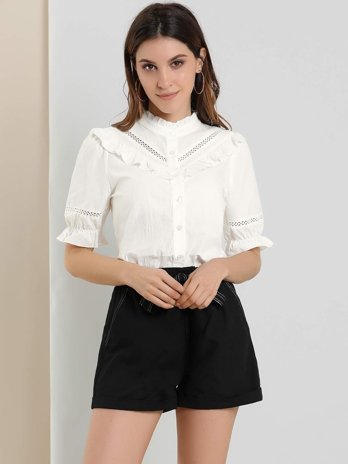 Allegra K Women's Button Down Shirt Cotton Short Sleeve Ruffle Stand Collar Lacework Work Blouse Top - Image 3