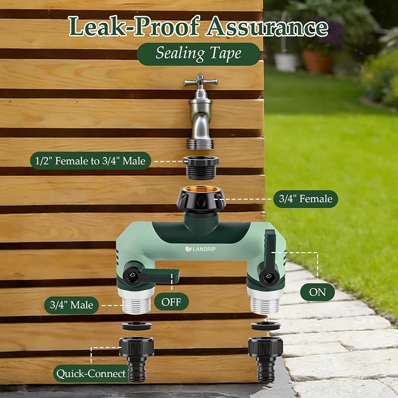 Distribuitor de apă Landrip cu 2 căi de 3/4 inch, etanș, rezistent la frig și UV, pentru irigarea grădinii, mașini de spălat și rulote, verde