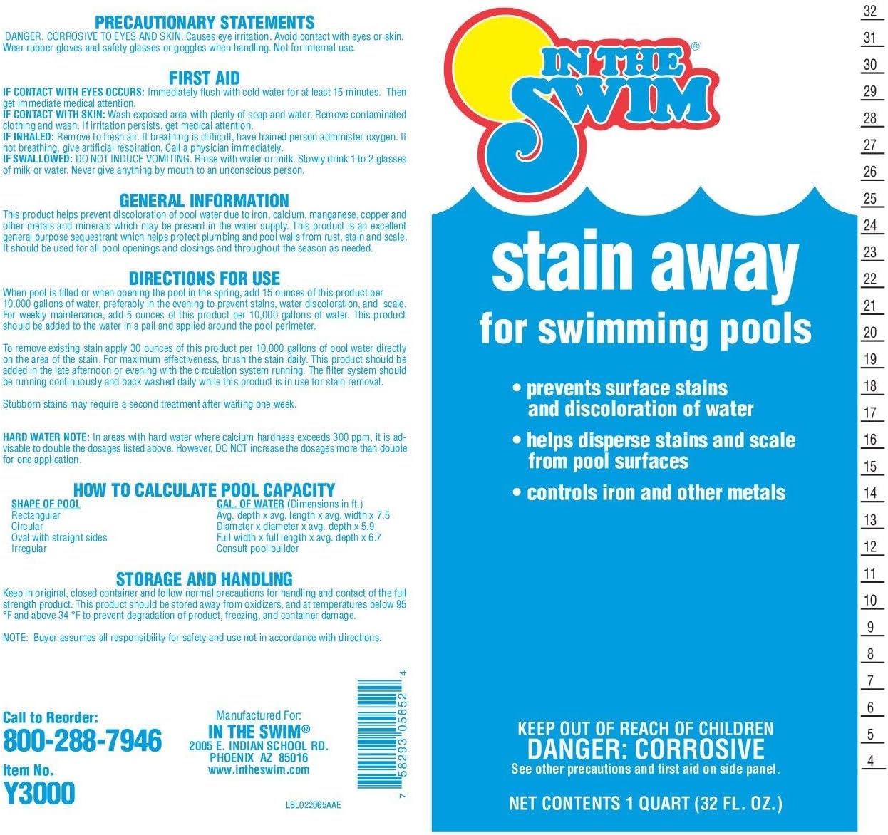 In The Swim Stain Away for Above Ground and Inground Swimming Pools - Removes Mineral Stains from Iron, Copper, and Magnesium in Swimming Pools - 4 x 1 Quarts