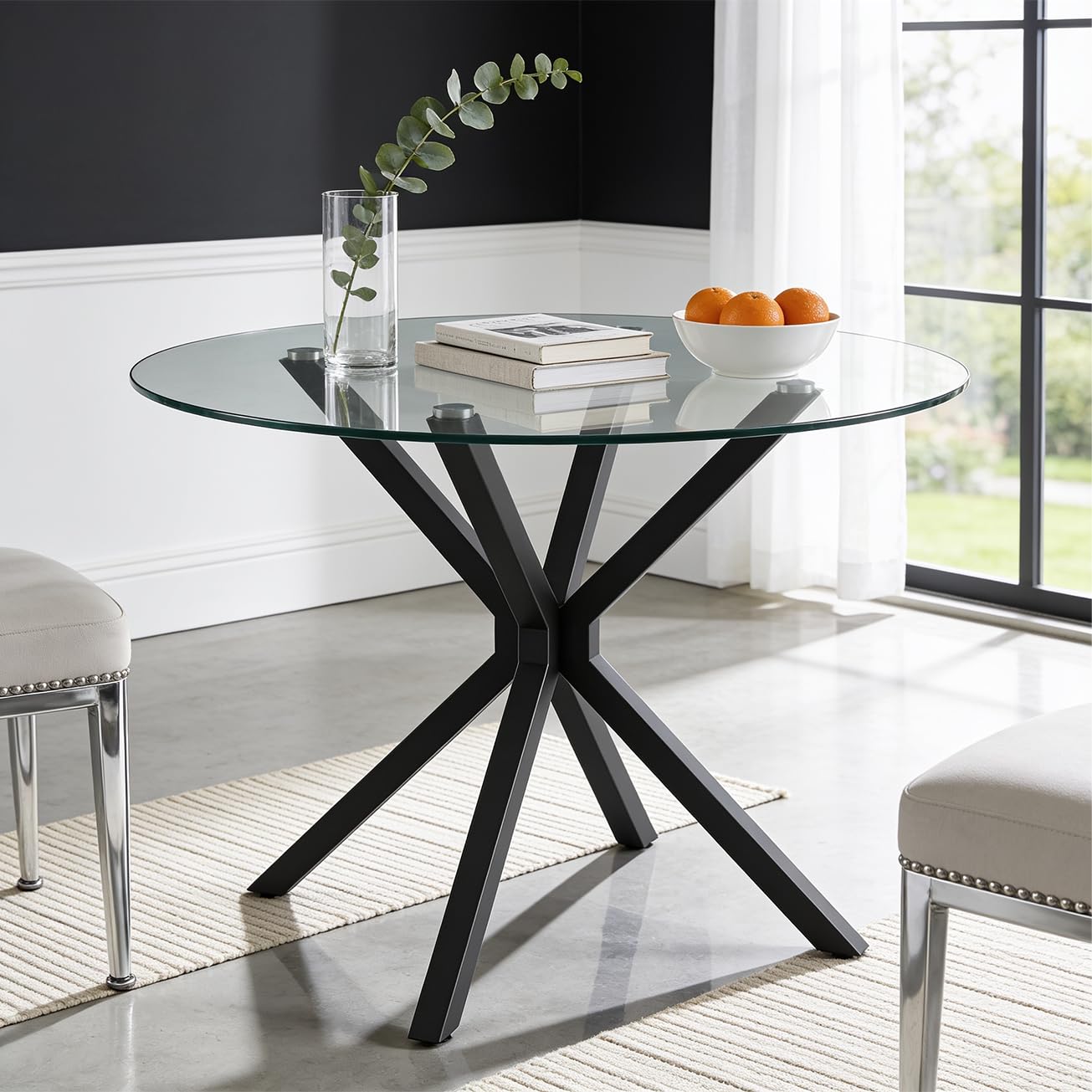 Blisswood Round Dining Table, Dining Table for 4 Seater, 90cm Tempered Glass Kitchen Table with Black Cross Base Iron Legs, Modern Dining Room Furniture for Breakfast, Home, Apartment & Small Spaces