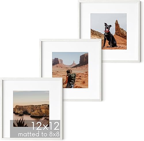 HAUS AND HUES Marcos de fotos de madera de roble macizo de 12 x 12 pulgadas con paspartú de 8 x 8 pulgadas, juego de 3 marcos cuadrados blancos de