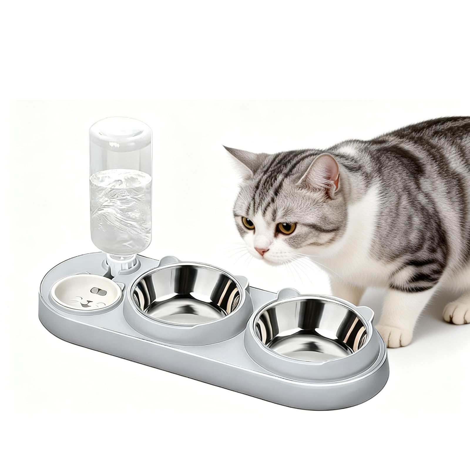 3-in-1 cat bowl and water bowl set, 15 ° tilted cat food bowl, cat water bowl with gravity water feeder, easy to clean, cat puppy feeding station (gray)