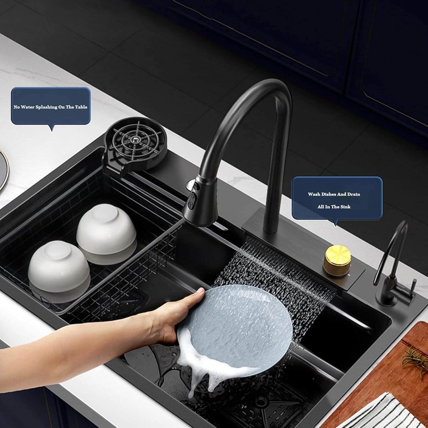 Waterfall Sink, Raindae Bar Sink Multi-purpose Hdmade Sink, Household Multi-fution Rv Sink With Faucet D Cup Washer Drop In Or Under Mount, B, 68x46cm