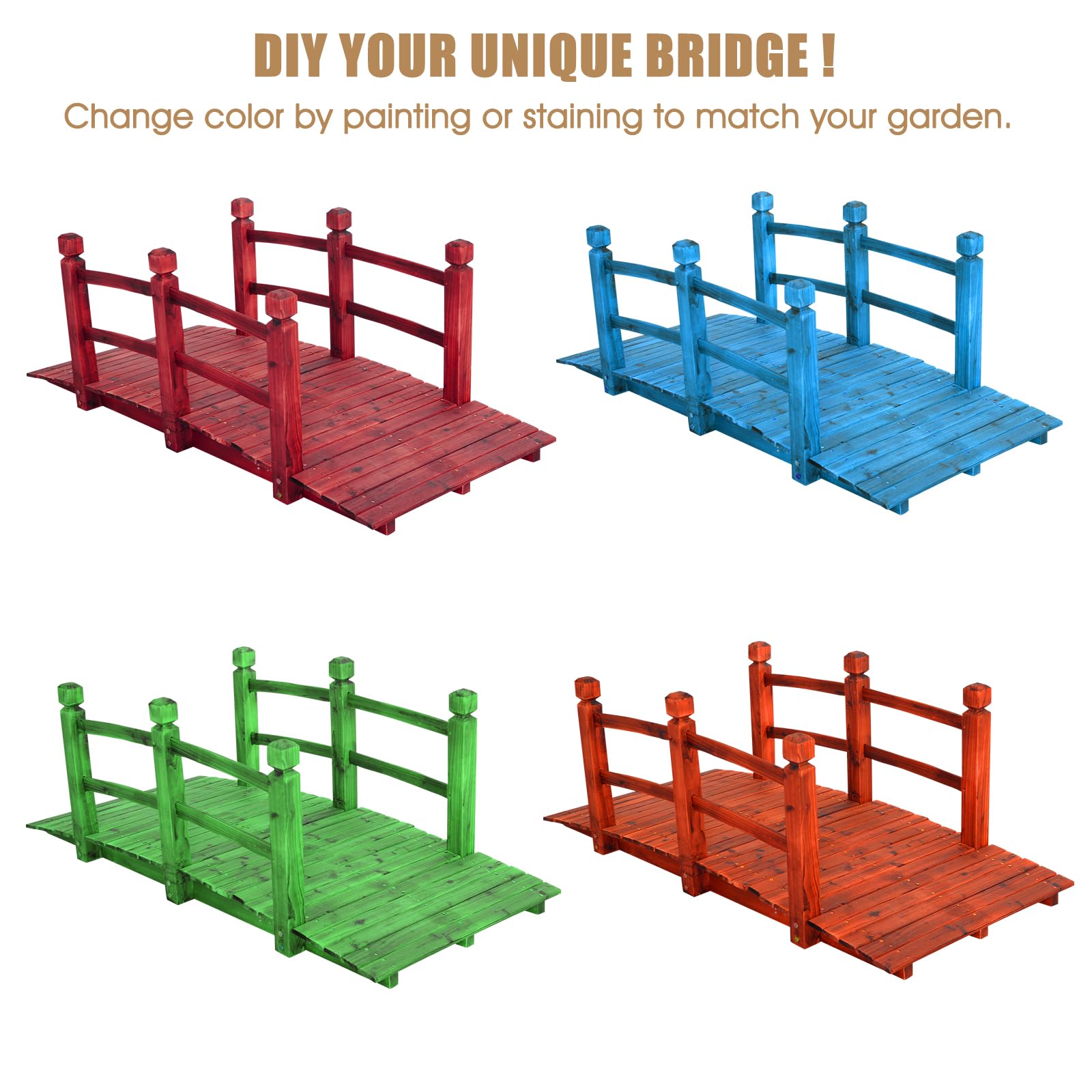 SOARS Puente de Jardín Madera con Barandilla, Puente de Pie Decorativo de Abeto con Capacidad de Carga de hasta 100 Kg, 150 x 67 x 55 cm cm, Puente Decorativo para Jardín, Estanque y Arroyo