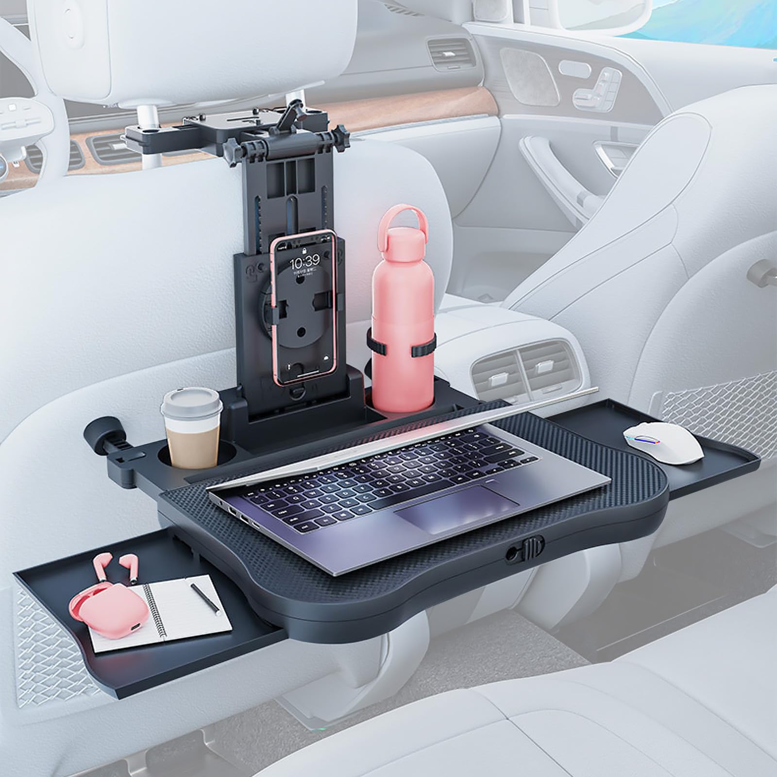 Tavolino Auto, Vassoio del Sedile Posteriore 'Automobile con Portabicchieri e Supporto, Pieghevole, Telescopico, per Viaggi, Lavoro, Cibo (Portata 20kg)
