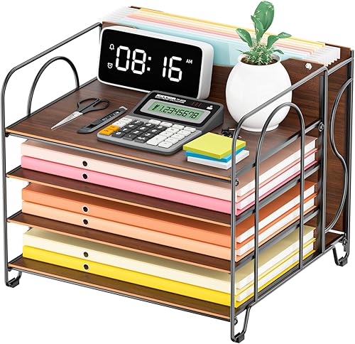 Miniatura 8 de LUCYCAZ Wood File Organizer, 6 Tier Desk Organizers and Accessories, Metal Paper Organizer for Desk, Letter Tray Magazine Holder for Home, Office,