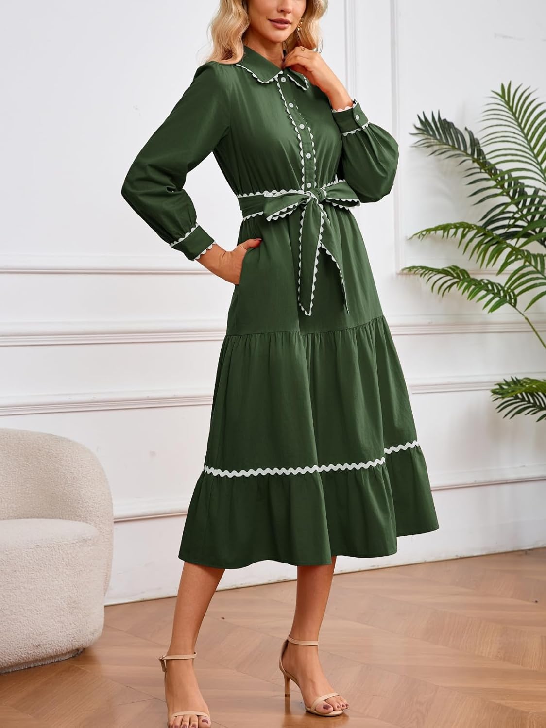 LifeShe Button Down Dress for Women 2026 Spring Casual Long Sleeve Belted Tie Elastic Waist Tiered Shirt Dresses - Image 4