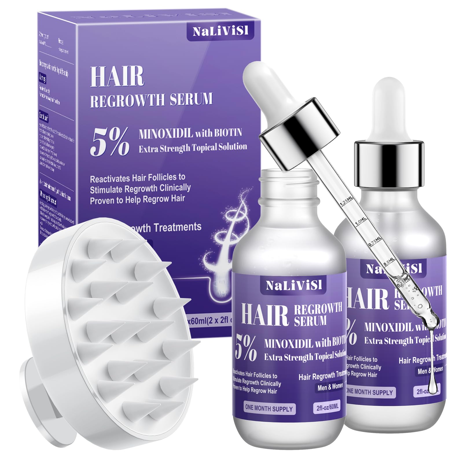 2 Pack 5 Minoxidil for Men Women Hair Growth Oil Regrowth Serum with Scalp Massager Extra Strength Hair