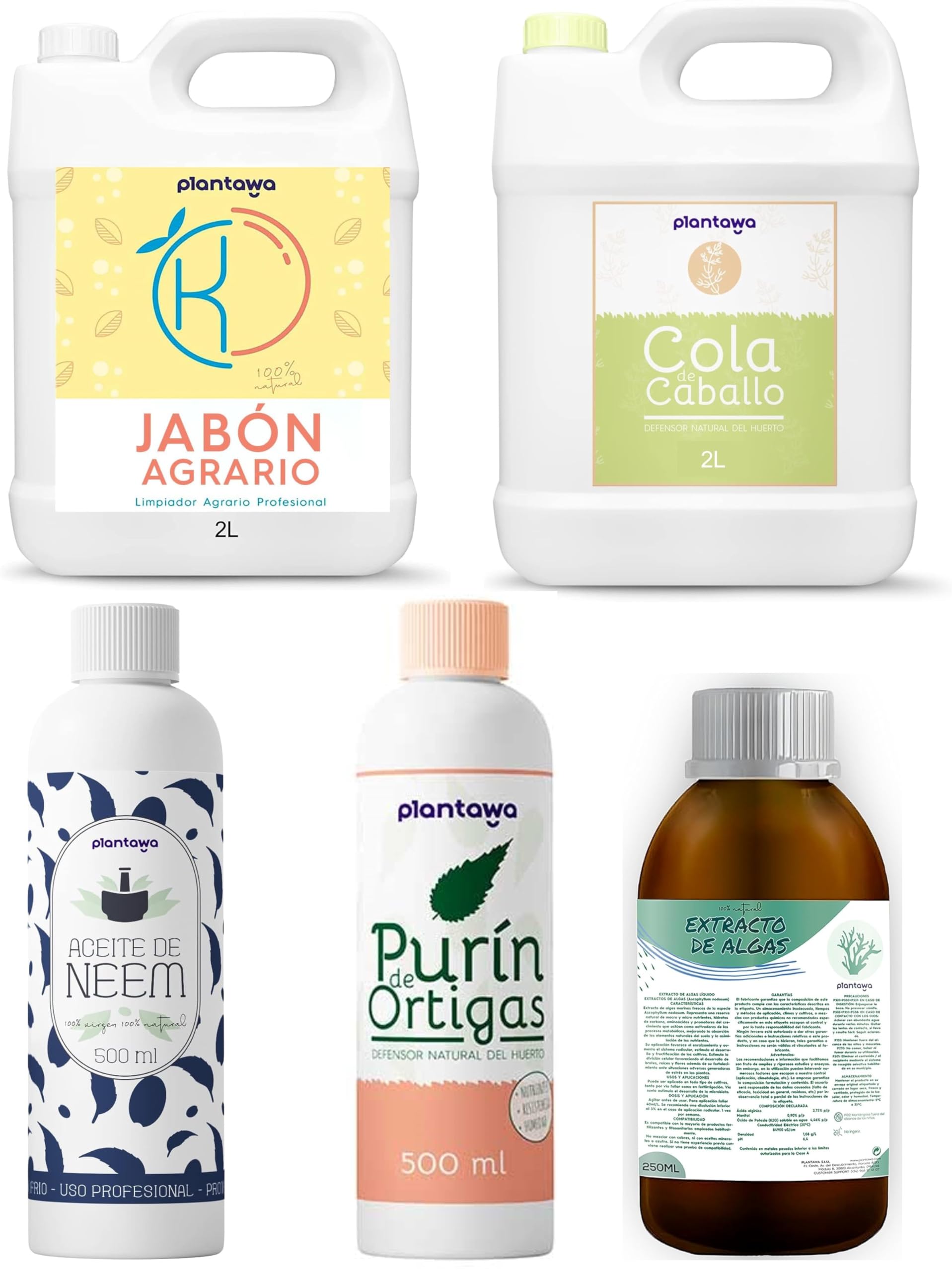 Protección TOTAL.Jabón Potásico 2l,Aceite de Neem 500ml,Purín Ortiga 500ml,Cola de Caballo 2l,Algas Marinas 250ml Insecticida,Fungicida,Bioestimulante,Mosca Blanca,Araña Roja,Oidio,Mildiu,Sostenible
