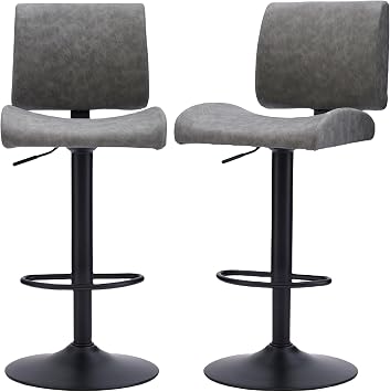 FIRAVOE Bar Stools Set of 2, Gray Swivel Bar Stools with Backs, Faux Leather Adjustable Bar Stools 25"-34" Height, Modern Counter Height Bar Stools for Kitchen Island Gray, 2PCS