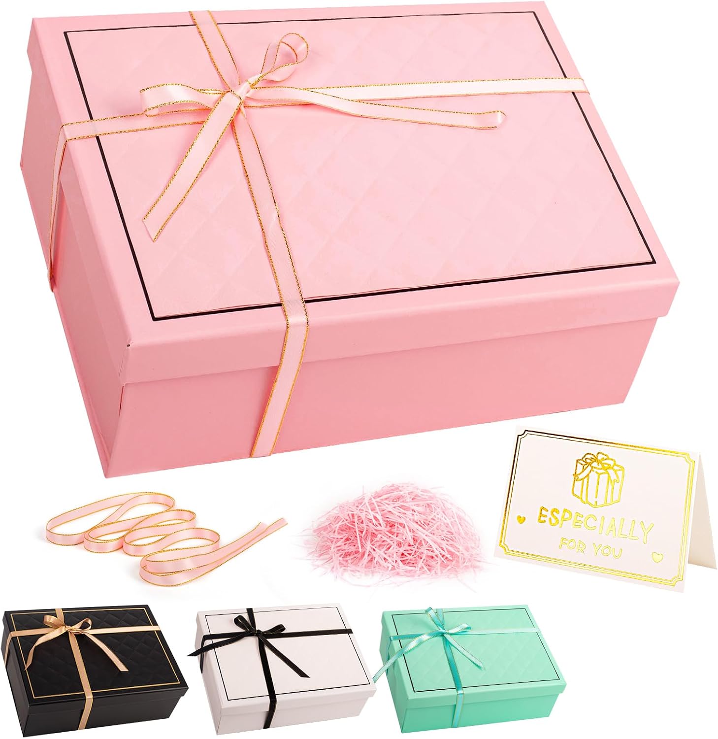 Pink Gift Box with Lid 25 x 18 x 9 cm Medium/Large Luxury Blank Cardboard Gift Box for Birthday Wedding Christmas Valentine's Day Girls Women with Bow