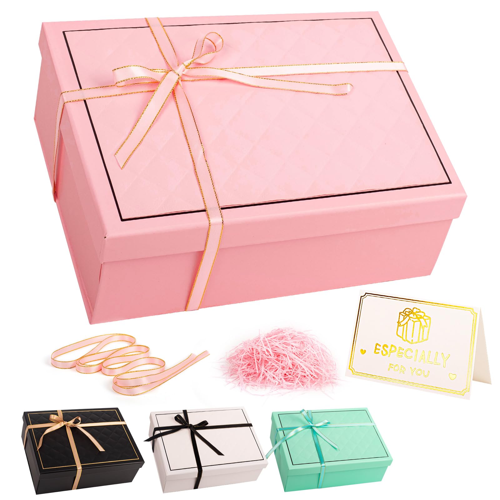 Pink Gift Box with Lid 25x18x9cm Medium/Large Luxury Gift Boxes for Presents, Cardboard Empty Gift Box for Birthday Wedding Christmas Valentines Present Box for Girls Her Women with Ribbon