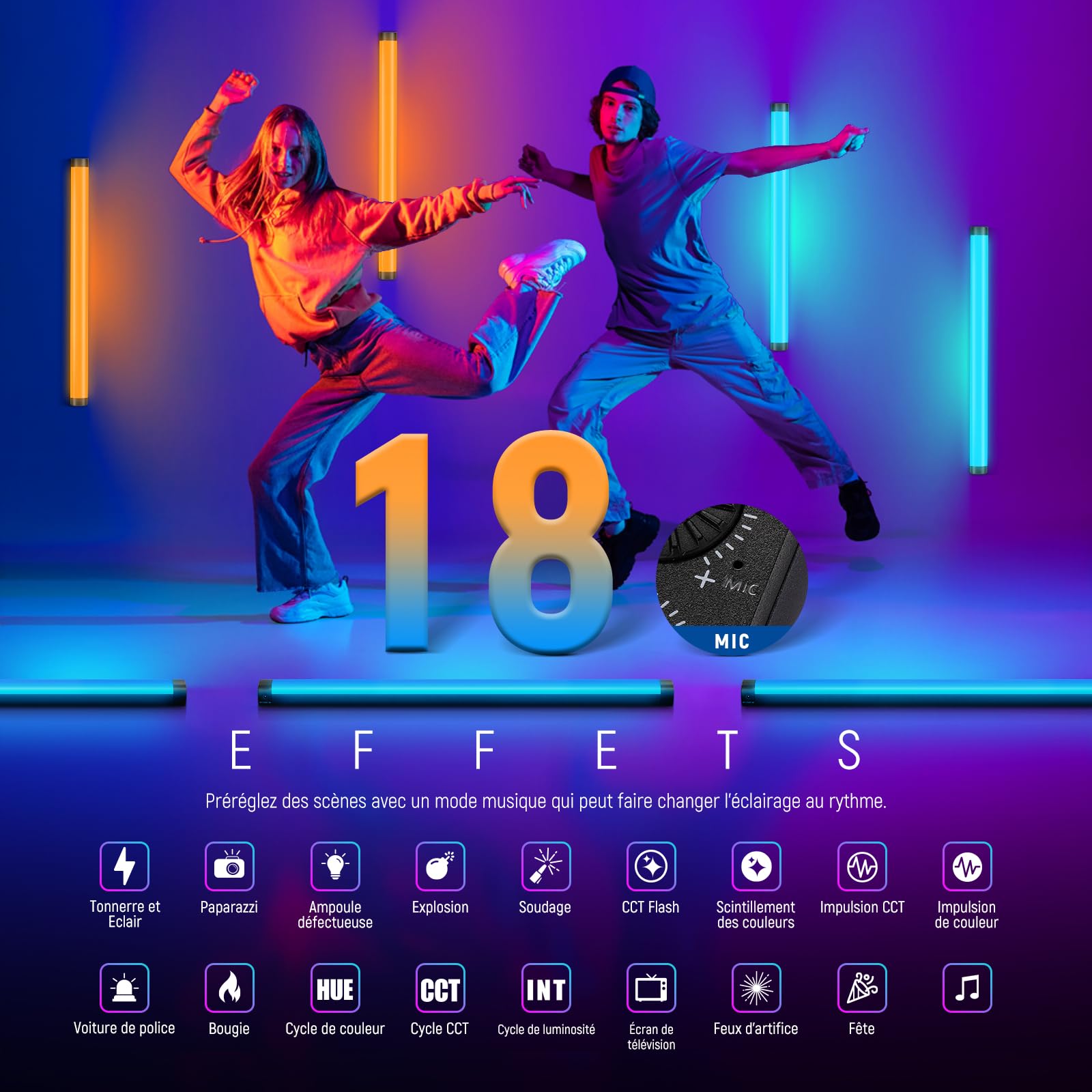 NEEWER TL60 Tube Éclairage Vidéo RGB, Lampe Vidéo LED Portable RGBWW pour Photographie, Bâton Lumineux avec 2,4 G APP Contrôle/DMX, 7 Effets Pixels, 18 Scènes, 2500K-10000K TLCI98+, Batterie 3000mAh