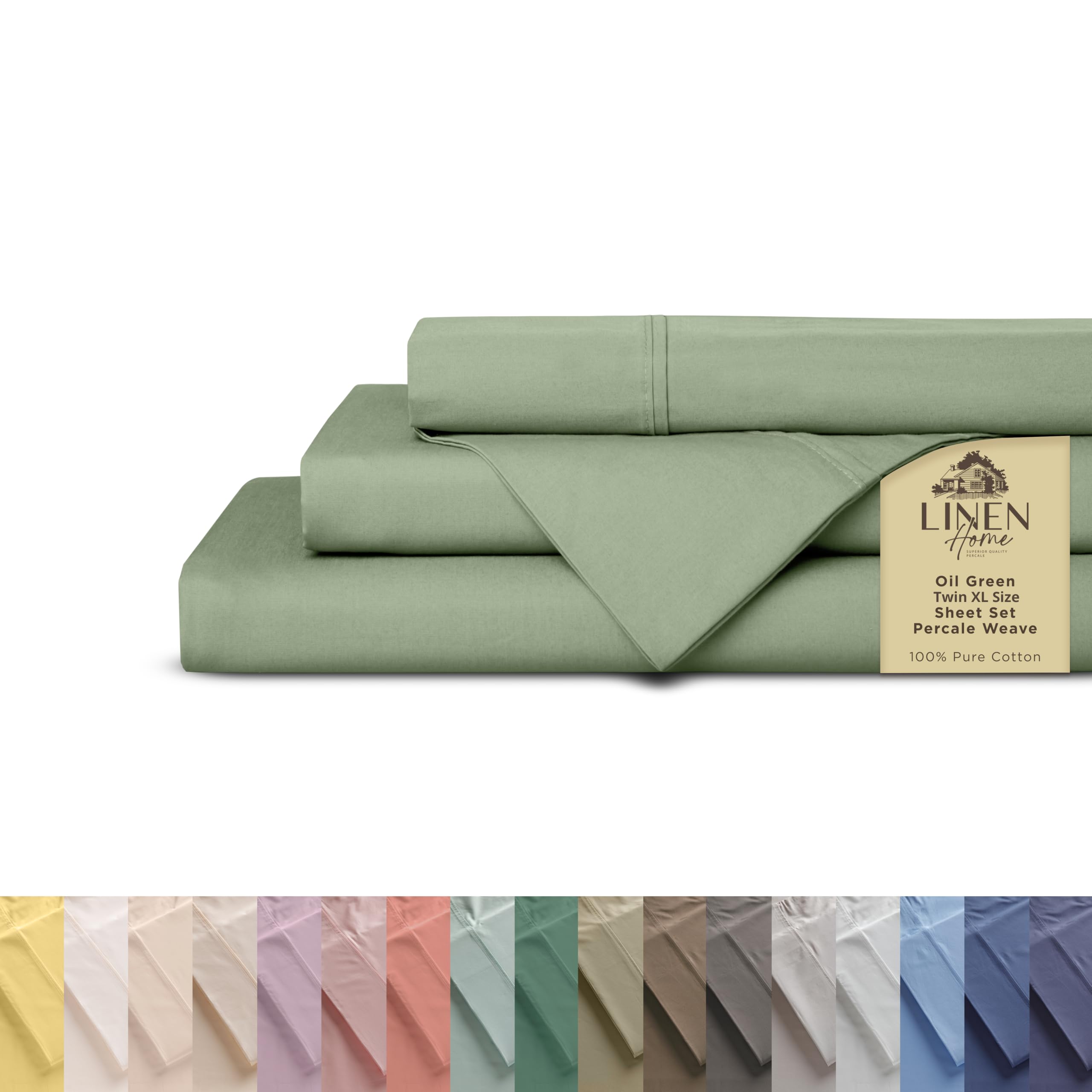 Linen Home 100% Cotton Percale Sheets Twin XL Size, Oil Green, Deep Pocket, 3 Pieces Set- 1 Flat, 1 Fitted and 1 Pillowcase, Crisp Cool and Long Staple Strong Bed Linen
