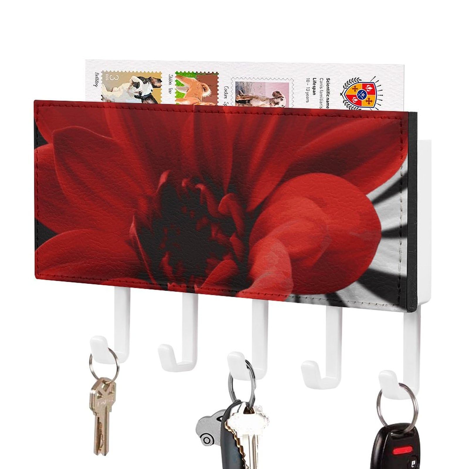 Porte-clés mural fleur rouge 5 crochets pour entrée 18x11 cm