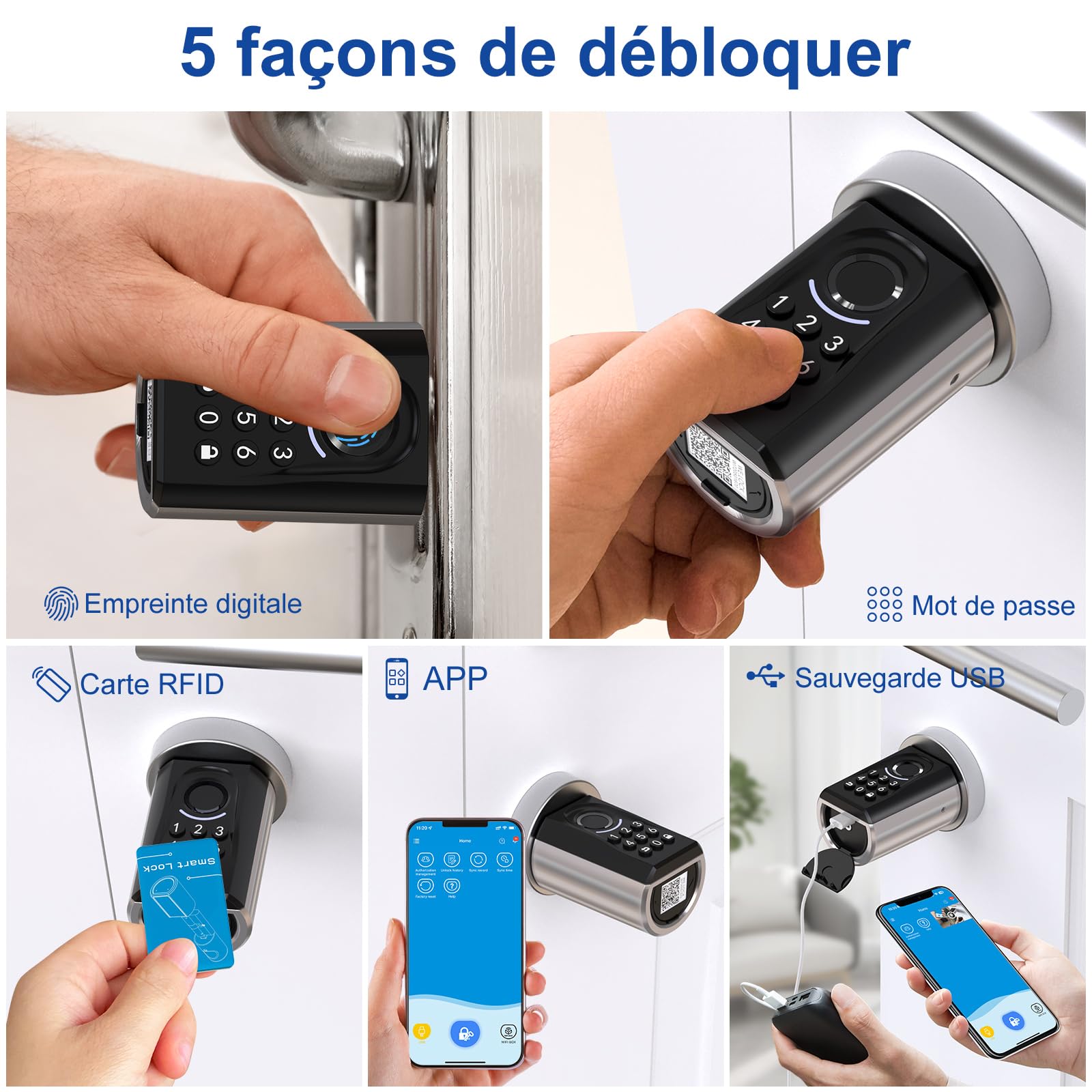 RUILON ToucA51 Serrure connectée à code 30x30 - Cylindre empreinte digitale | Serrure biometrique IP65 avec 3 cartes RFID, portes 30-75 mm, Facile à installer, Maison Chambre, Clavier rétroéclairé