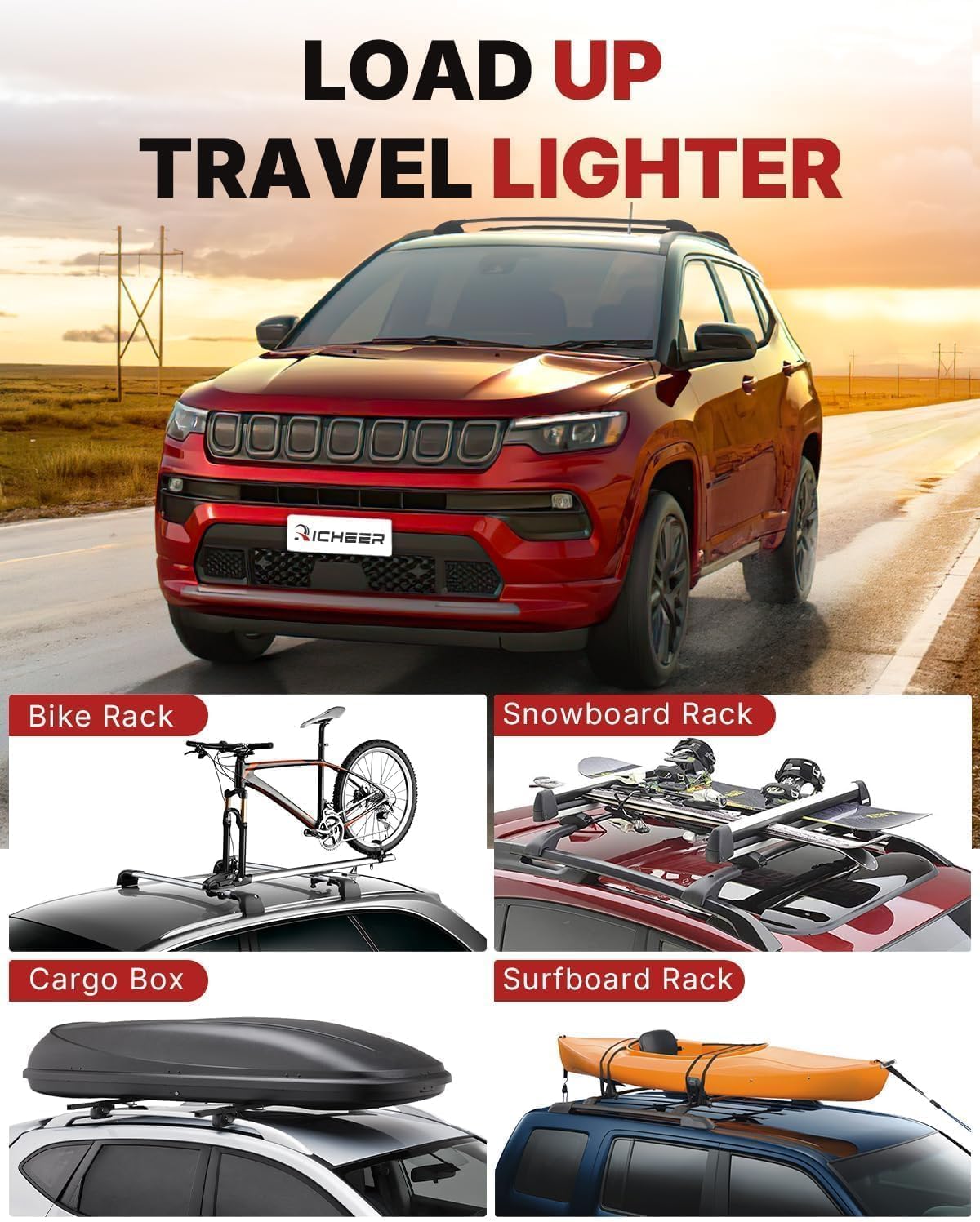 Richeer 260LBS Roof Rack Cross Bars for 2018-2025 Compass with Side Rails, Lockable Heavy Duty Aluminum Cross Bar with Anti-Theft Locks for Cargo Racks Rooftop Luggage Carrier Canoe Kayak Bicycle