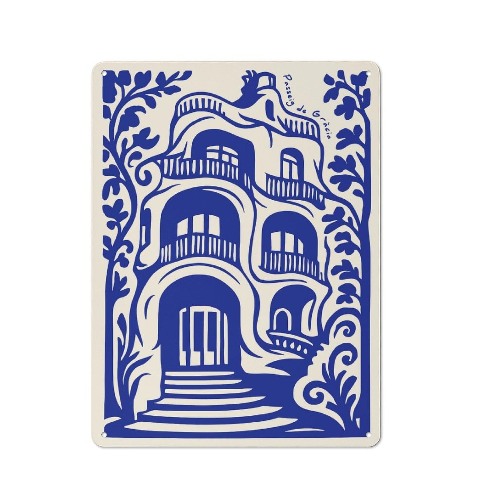Junmoney Style-23 Passeig De Gràcia Building Illustration Rustic Tin Sign 40X30cm For Man Cave Or Games Room, A Decorative Gift For A Newly Furnished Man Cave And Games Room