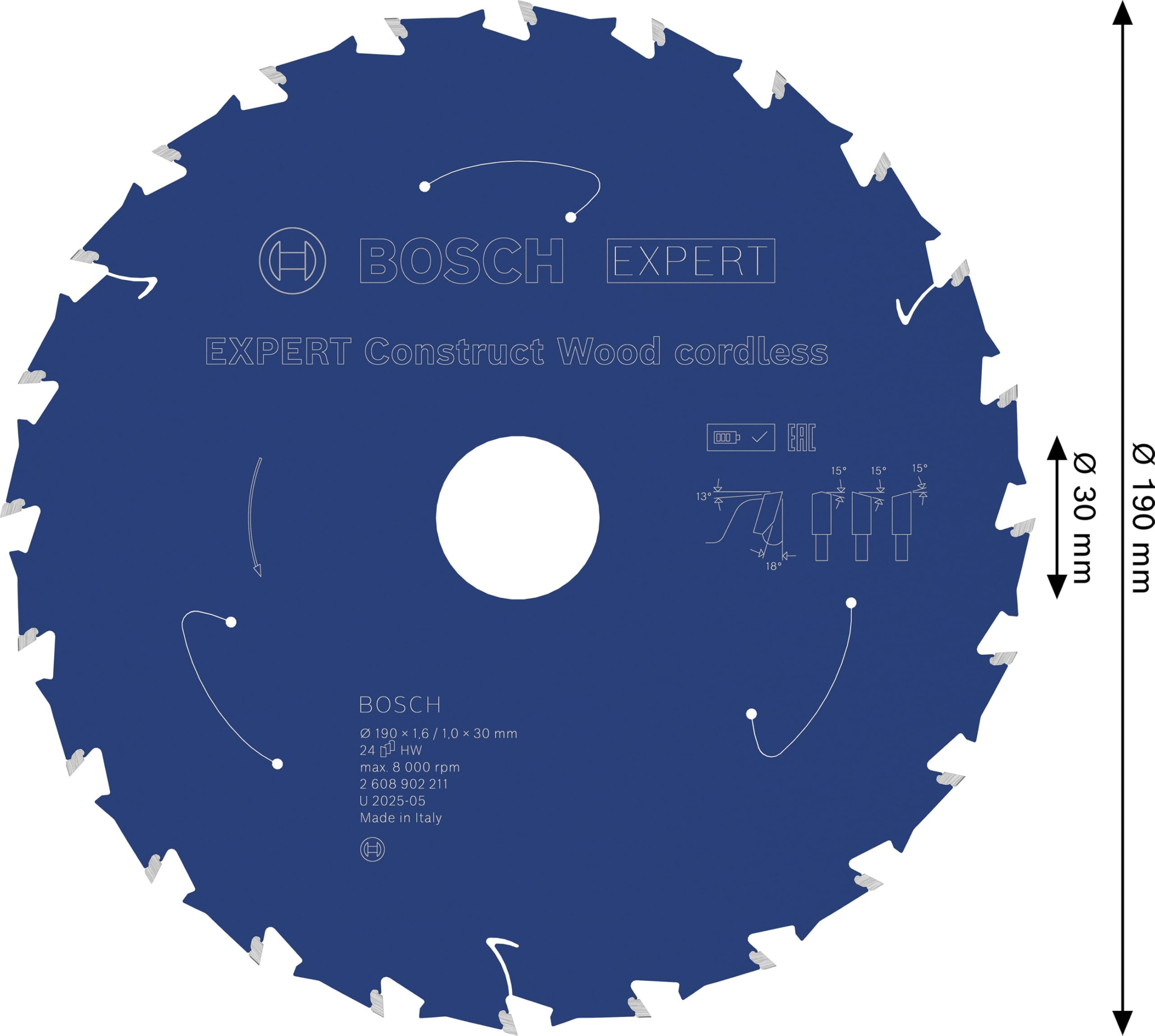 Bosch 1 hoja de sierra circular sin cable de EXPERT Construct Wood para sierras circulares de mano (para madera de construcción con mortero y clavos, diámetro mm, accesorios profesionales, sierras