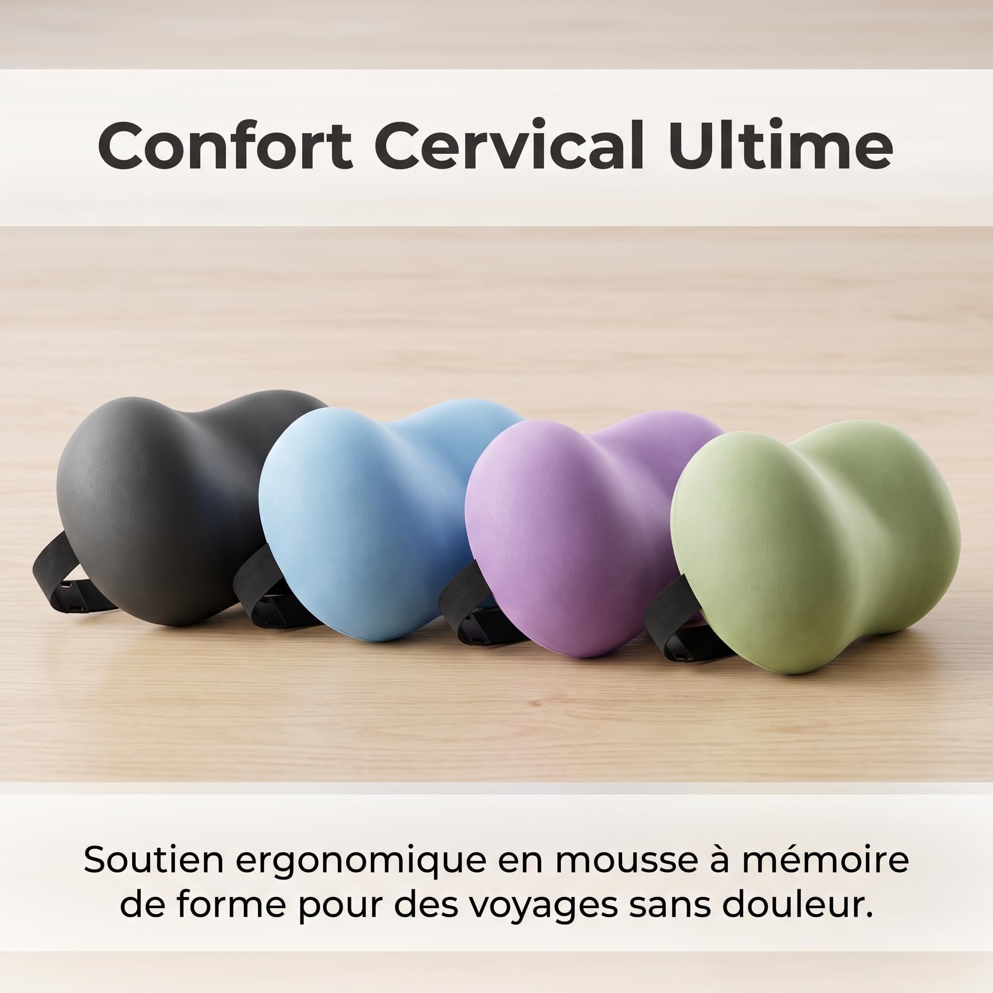 Oreiller memoire Forme, Coussin Cervical, Coussin Avion Voiture, Oreiller Nuque Ergonomique, Noir Perle, avec Sangle réglable