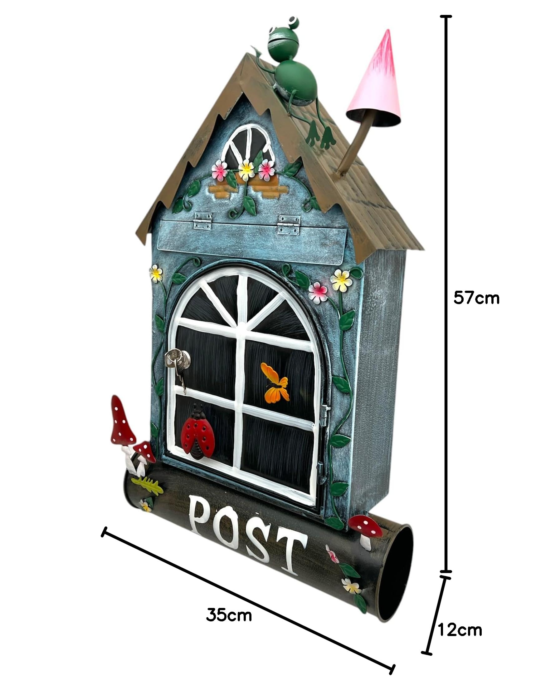 Buzón de estilo de casa azul con rana y setas, decorativo