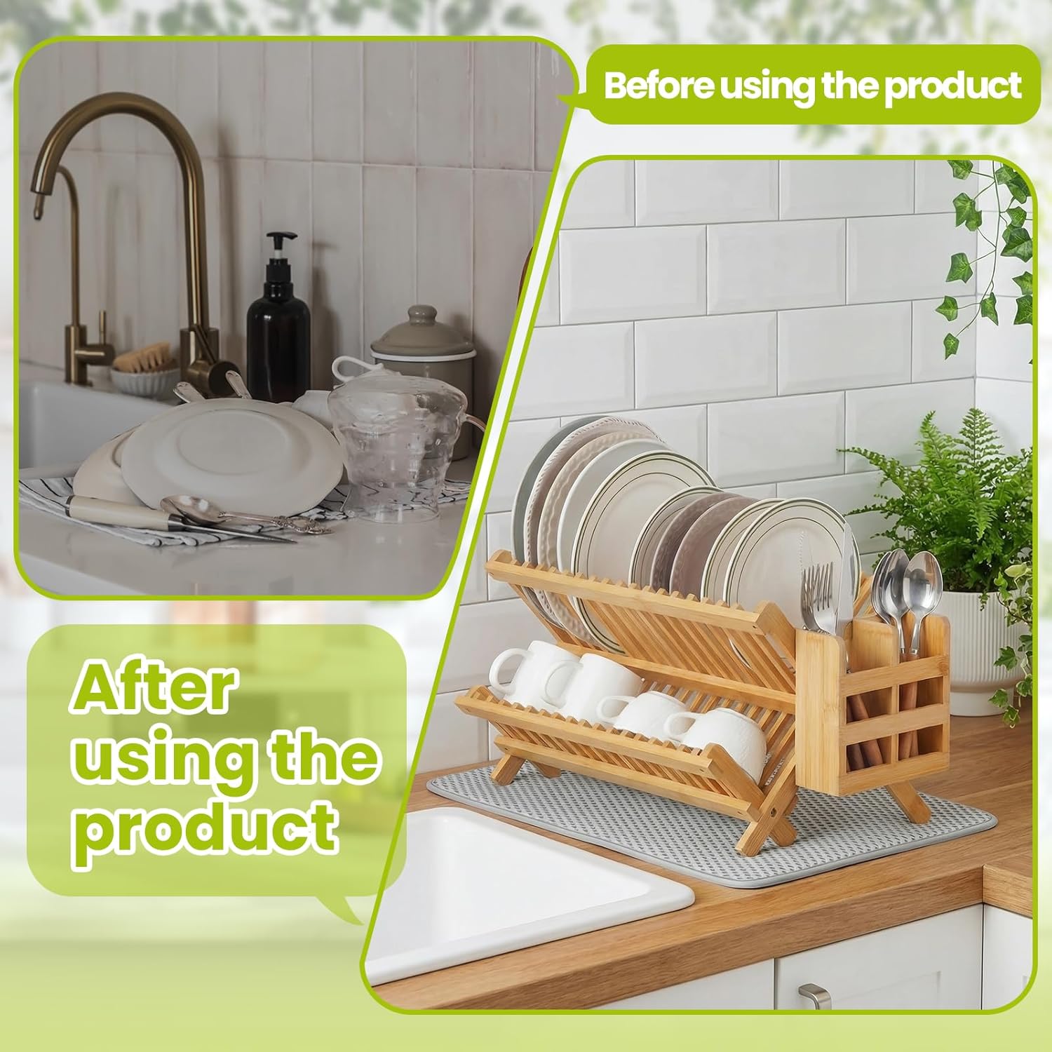 6 Pcs Dish Drying Rack Set 2 Tier Bamboo Collapsible Dish Rack with Utensil Holder Plate Holder and Mat for Kitchen Organizer, Cabinet Pot Lid, Bowl, Cup, Chopsticks, Utensils