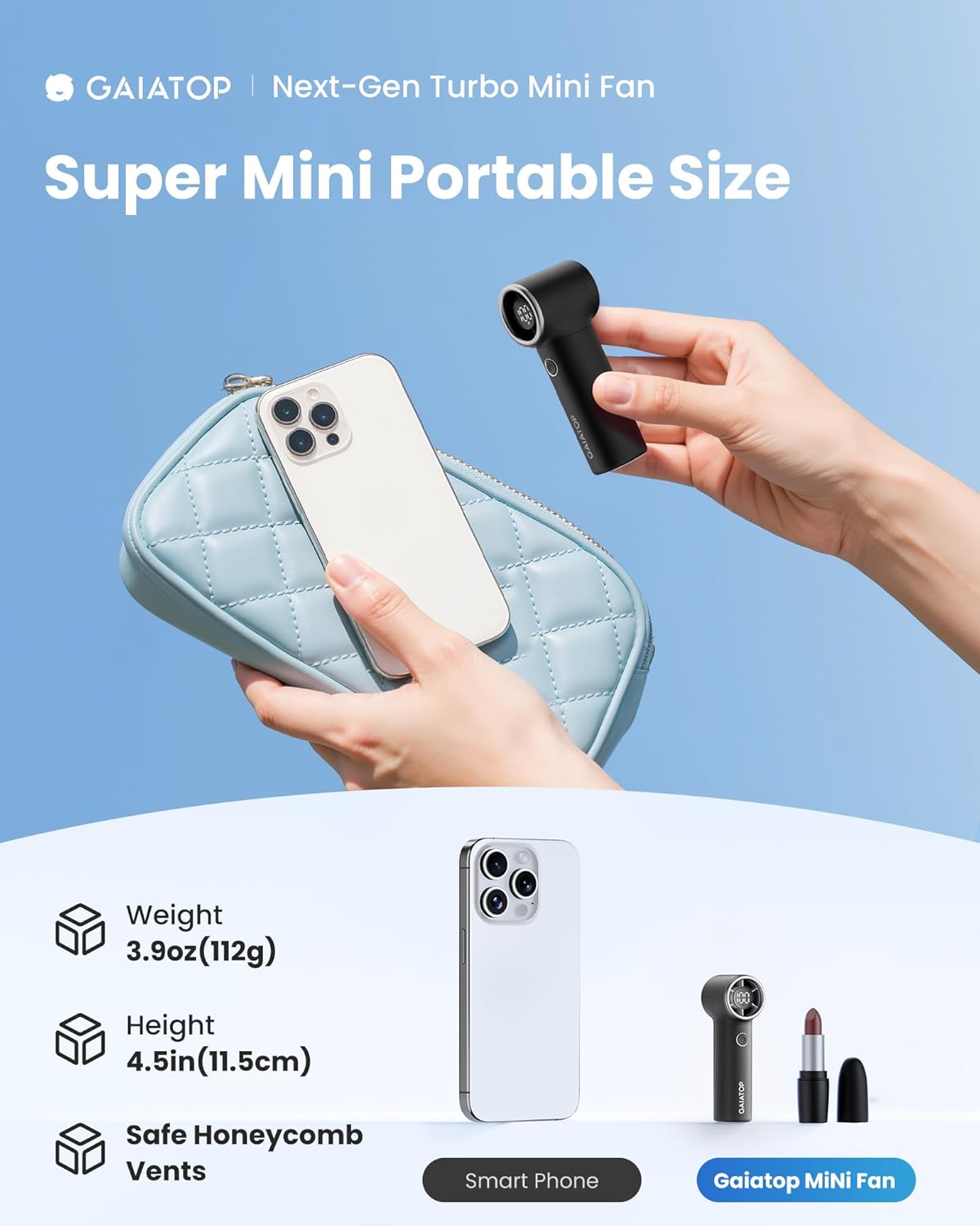 Gaiatop Mini Portable Handheld Fan, 4000mAh [15h Max Runtime] Personal Turbo Fans Pocket Size, High Speed 1-100 Adjustable Small Hand Fan, Outdoor Travel Concert Essentials, Gifts for Women Men, Black - Image 2