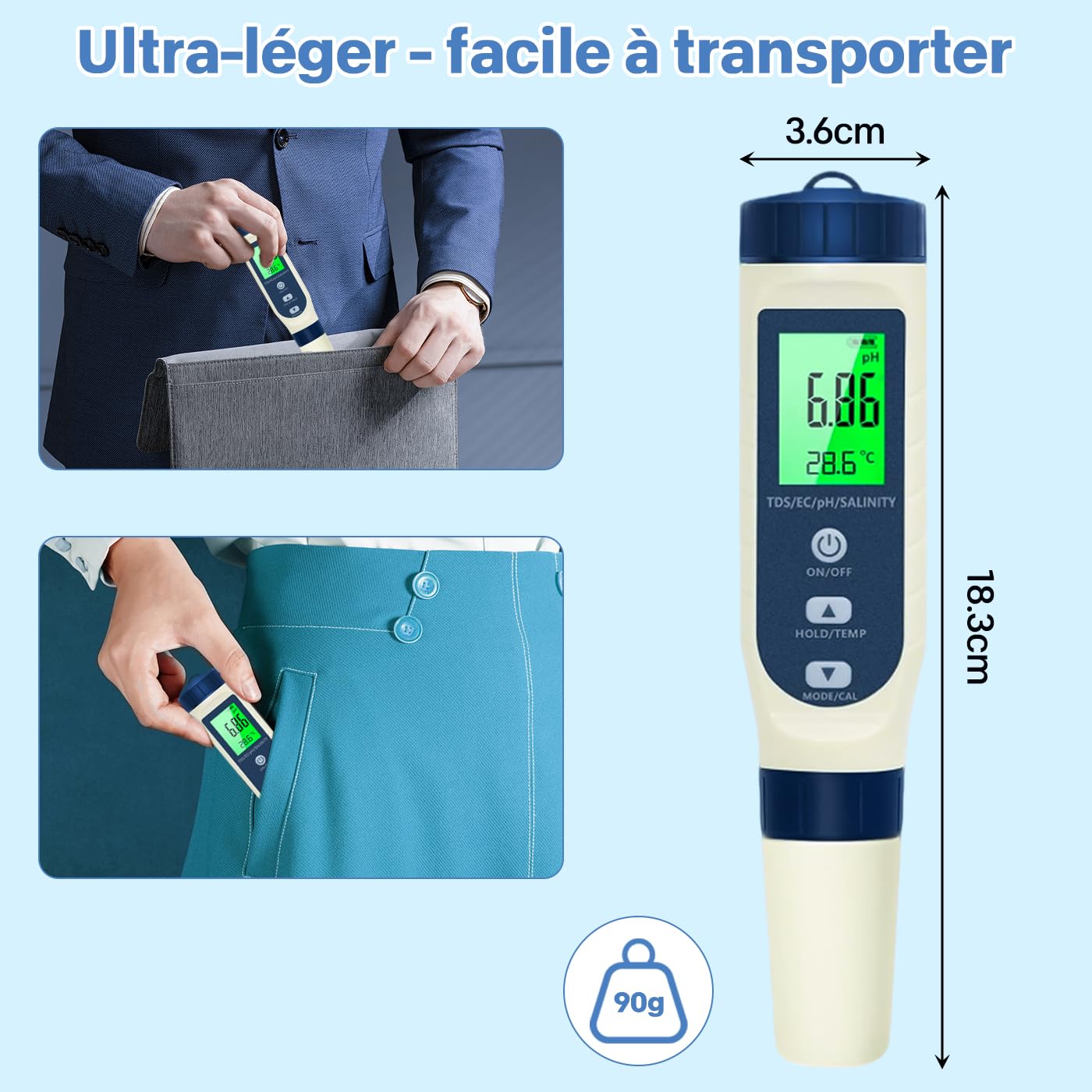 Ph Metre, 5 en 1 PH/TDS/EC/Salinité/Thermomètre, Testeur ph à Écran LCD, Testeur pH Piscine IP67 Étanche, pH Metre Haute Précision (± 0.01), Adapté à l'Eau Potable, Aquariums, Piscin